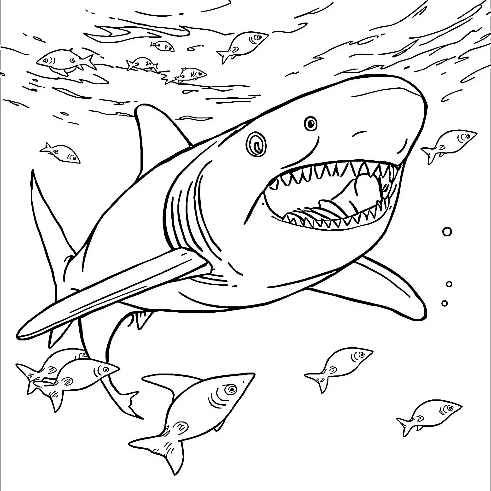 Shark hunting school of fish Coloring Page (free black-and-white line drawing printable PDF for all, from beginners to advanced learners, including children, teens, adults, and seniors)