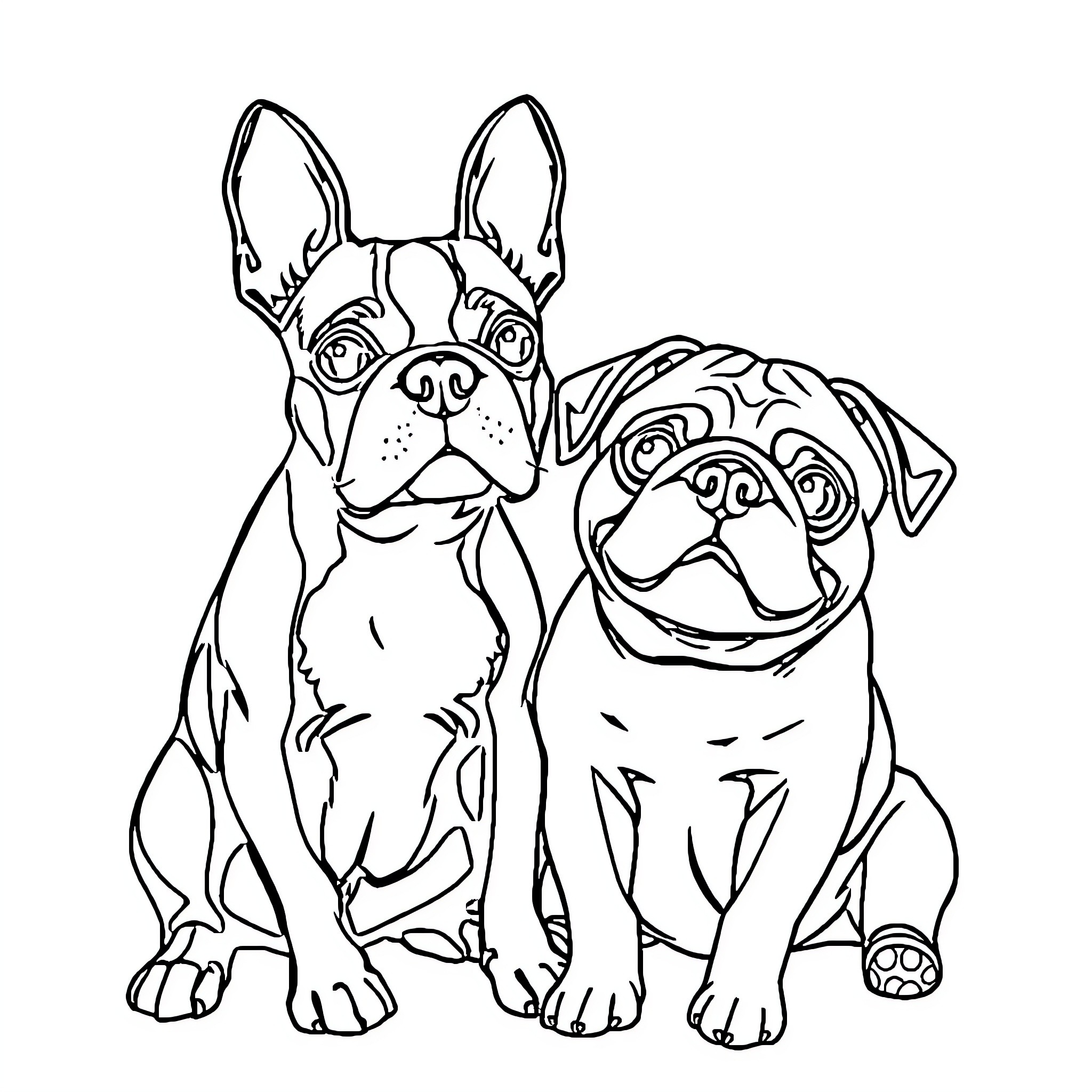 Boston Terrier and Pug Friends Coloring Page (free black-and-white line drawing printable PDF for all, from beginners to advanced learners, including children, teens, adults, and seniors)
