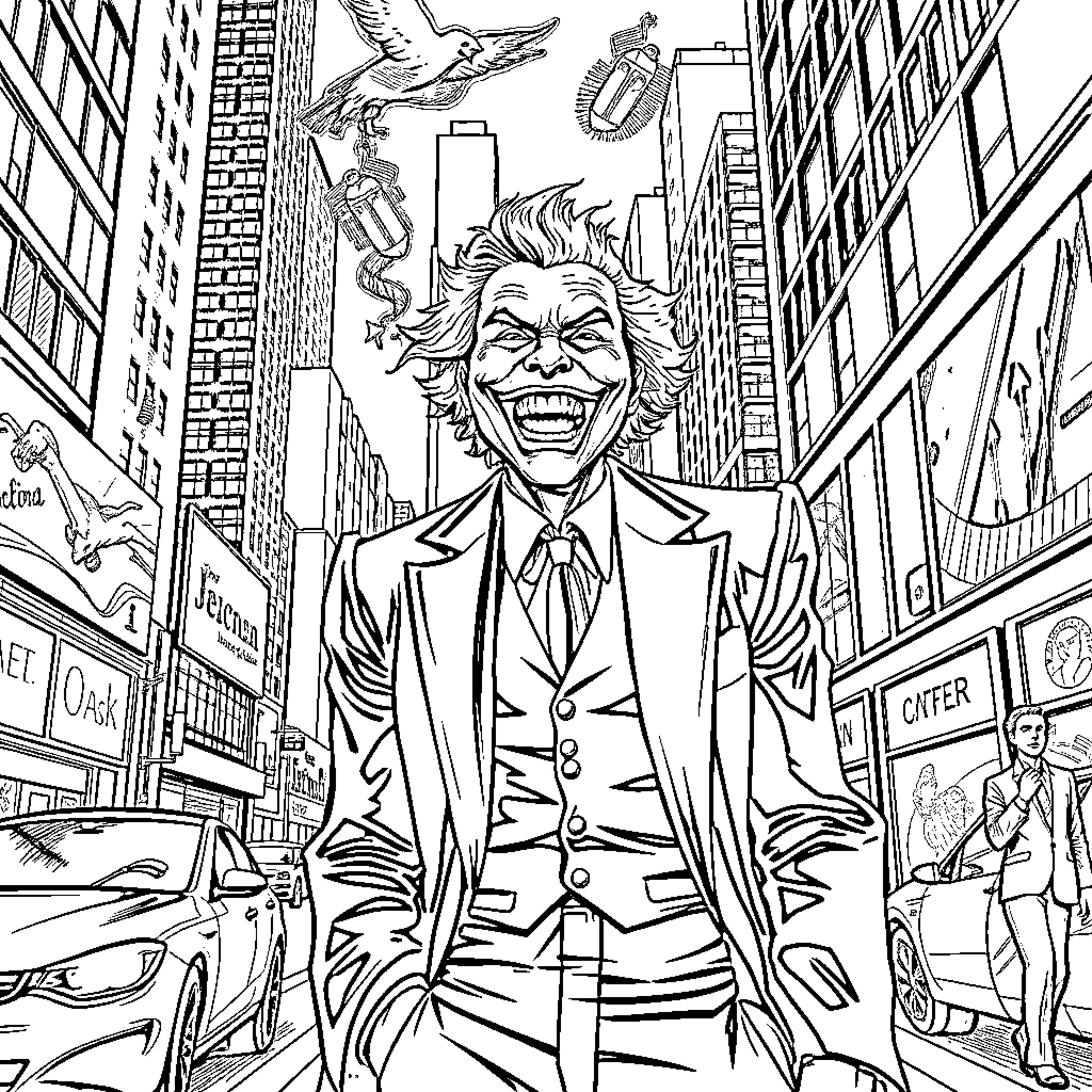 Joker causing chaos in the city Coloring Page (free black-and-white line drawing printable PDF for all, from beginners to advanced learners, including children, teens, adults, and seniors)