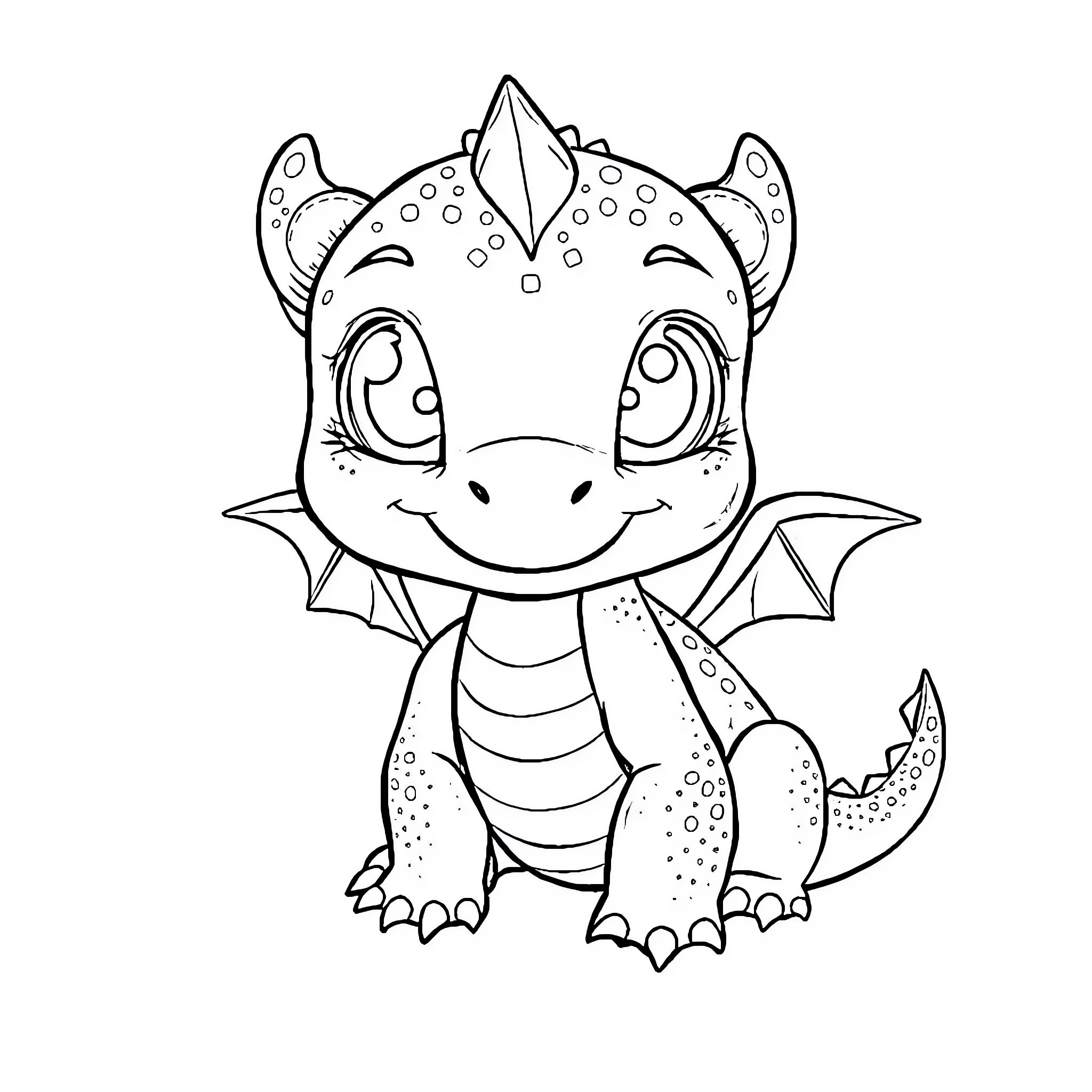 Dragon Smiling Playfully with Cute Expression Coloring Page (free black-and-white line drawing printable PDF for all, from beginners to advanced learners, including children, teens, adults, and seniors)