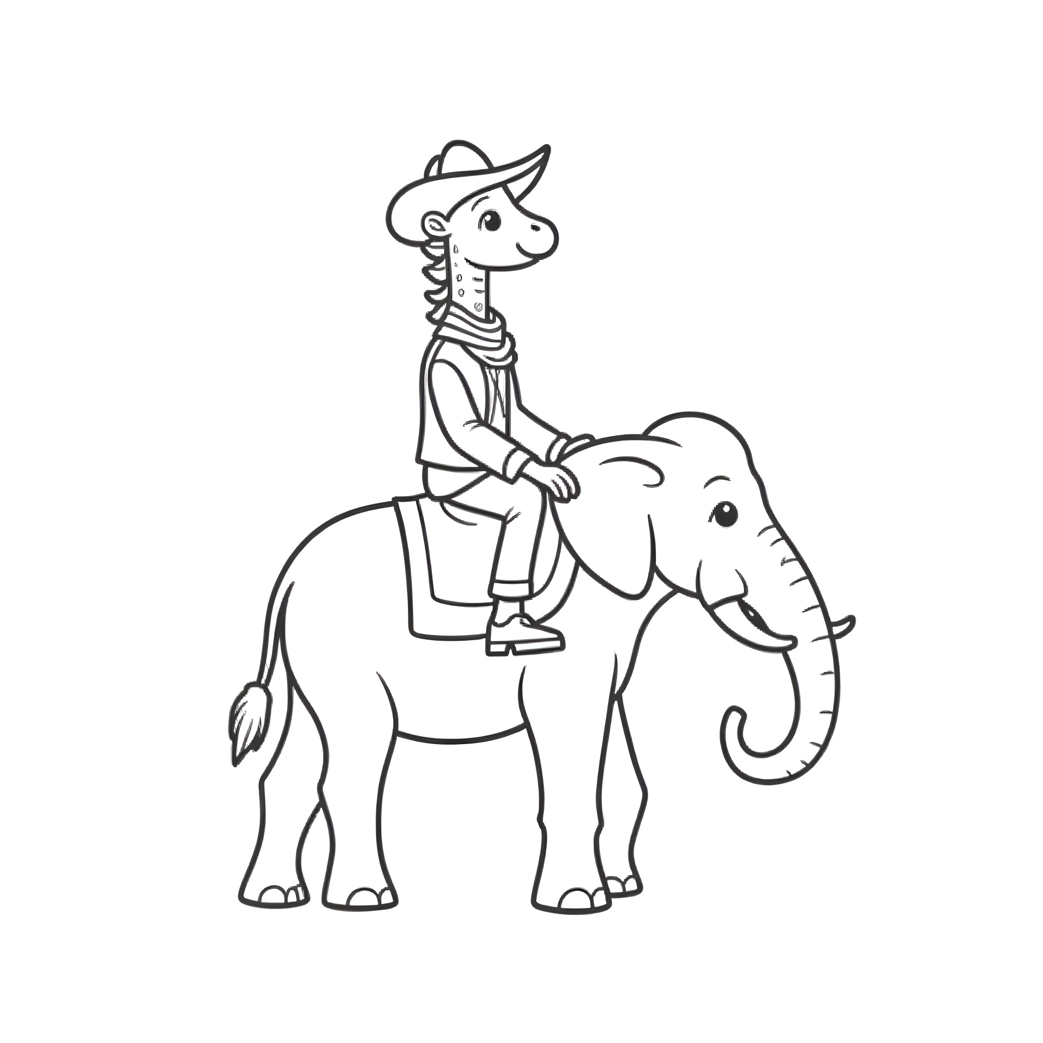 Giraffe riding on an elephant Coloring Page (free black-and-white line drawing printable PDF for all, from beginners to advanced learners, including children, teens, adults, and seniors)