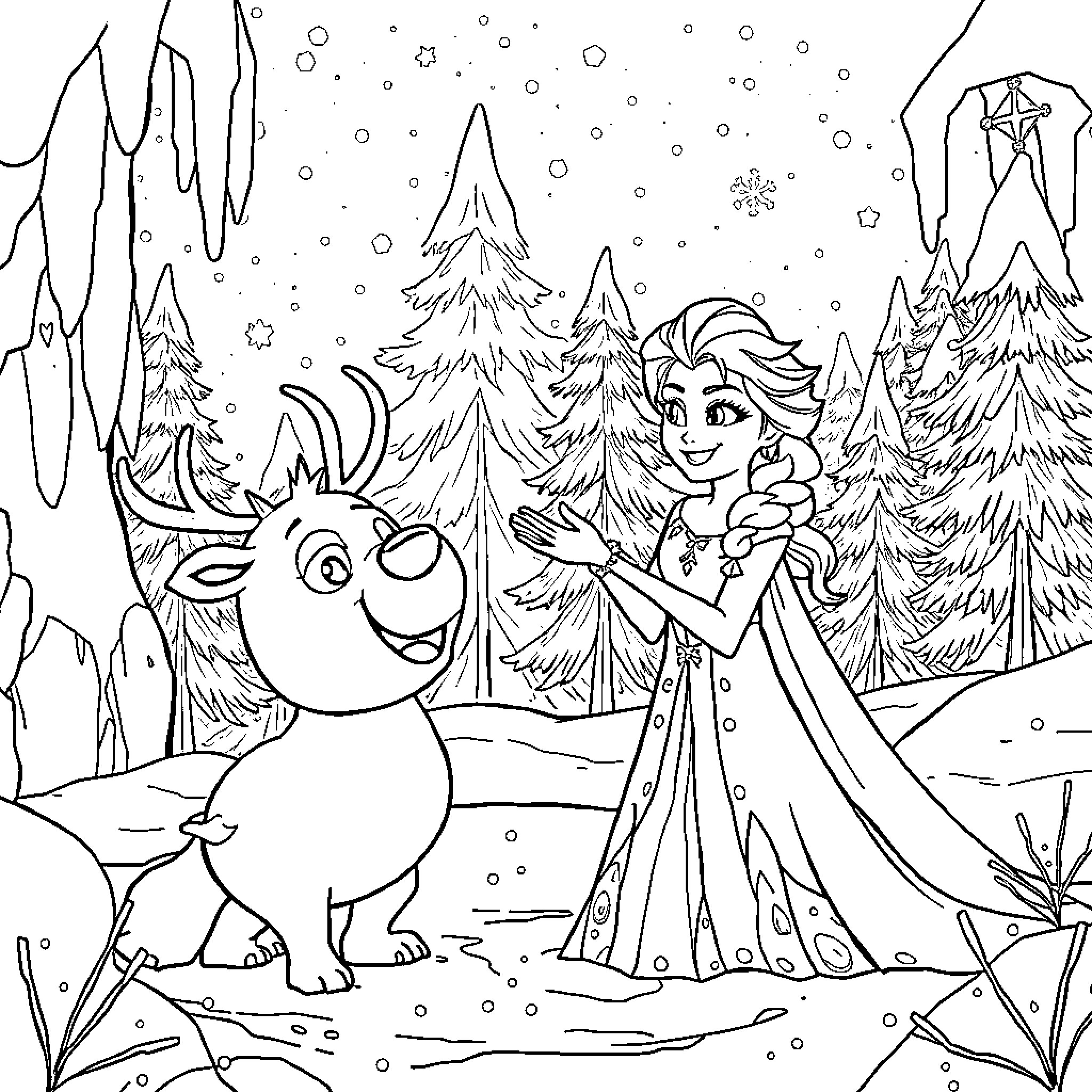 Elsa and Sven's Winter Adventure Coloring Page (free black-and-white line drawing printable PDF for all, from beginners to advanced learners, including children, teens, adults, and seniors)