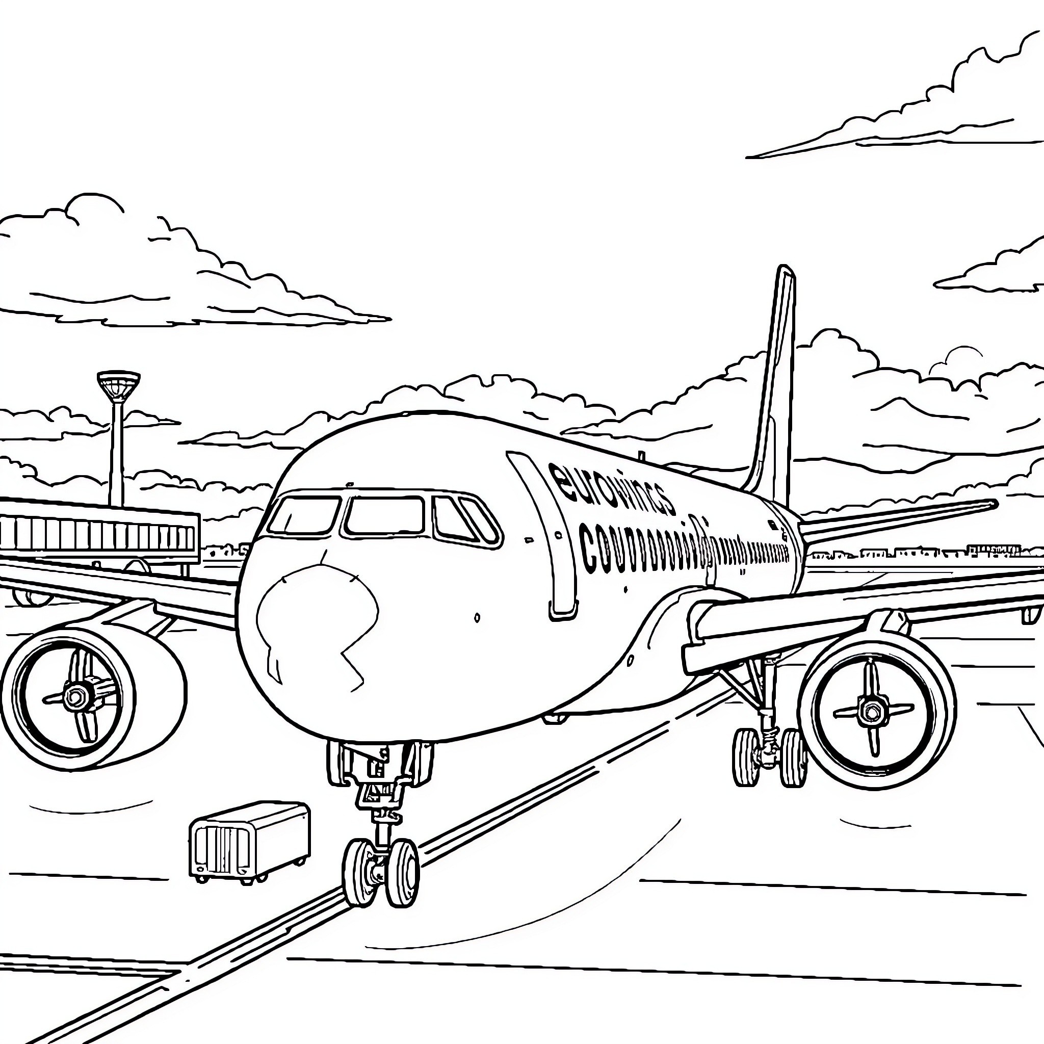 Airplane preparing for takeoff at the airport Coloring Page (free black-and-white line drawing printable PDF for all, from beginners to advanced learners, including children, teens, adults, and seniors)