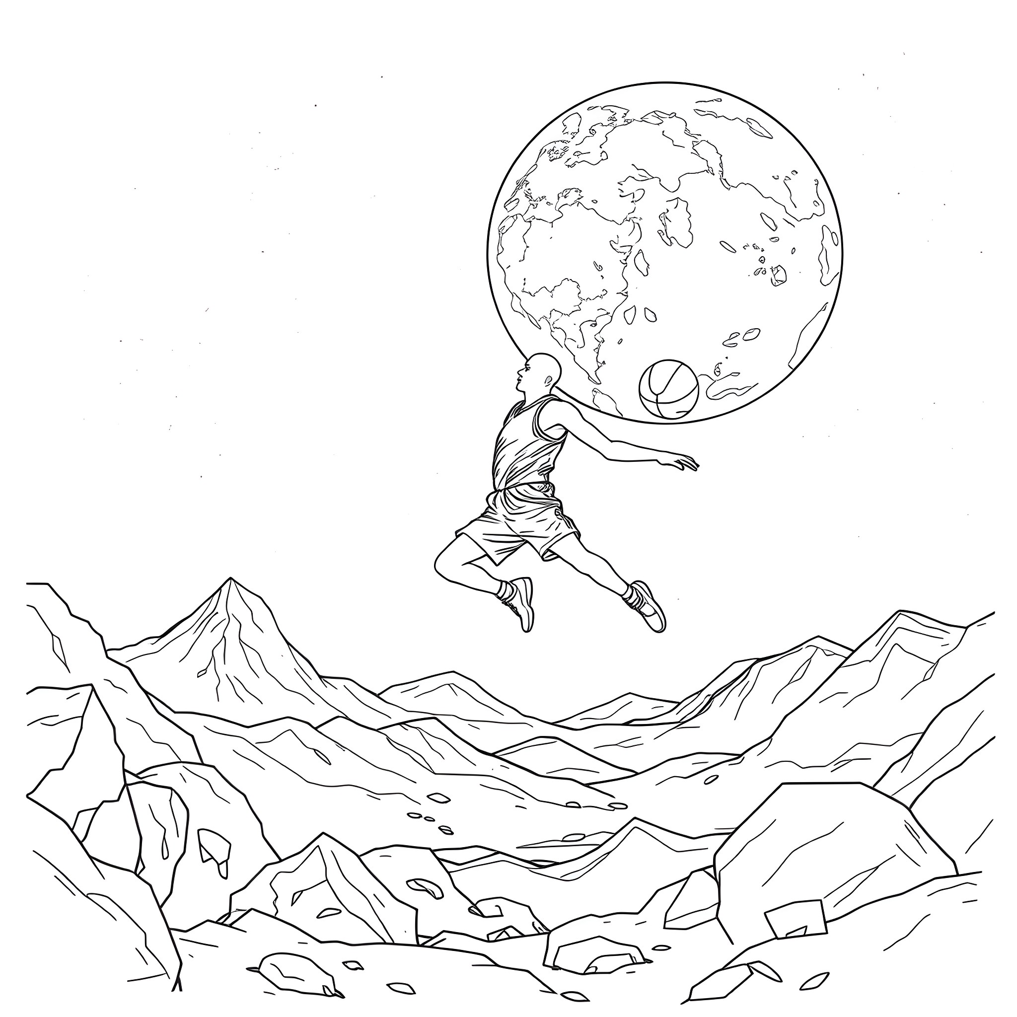 Basketball Player Dribbling and Jumping with the World Coloring Page (free black-and-white line drawing printable PDF for all, from beginners to advanced learners, including children, teens, adults, and seniors)