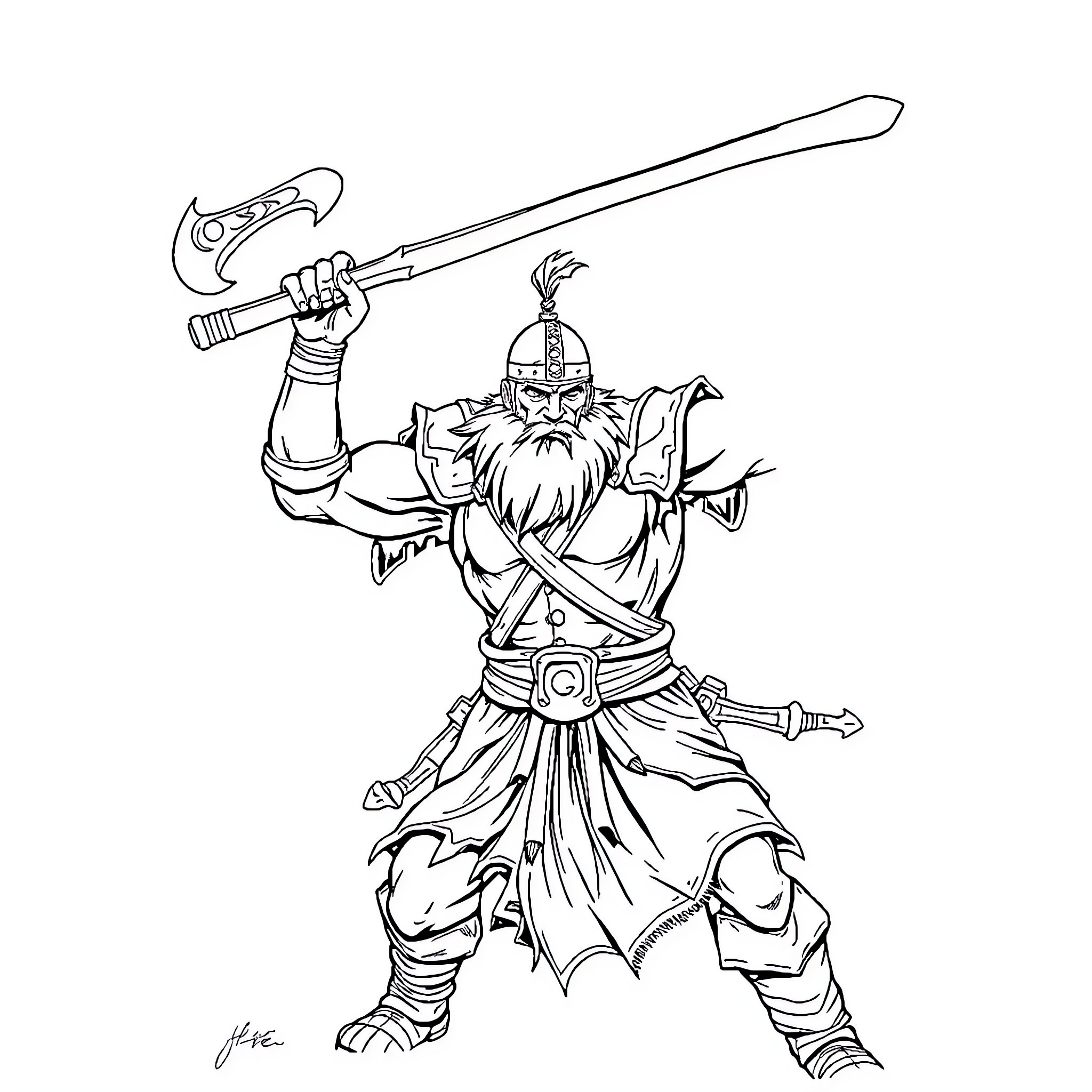 Warrior Brandishing Mighty Sword in Fierce Stance Coloring Page (free black-and-white line drawing printable PDF for all, from beginners to advanced learners, including children, teens, adults, and seniors)