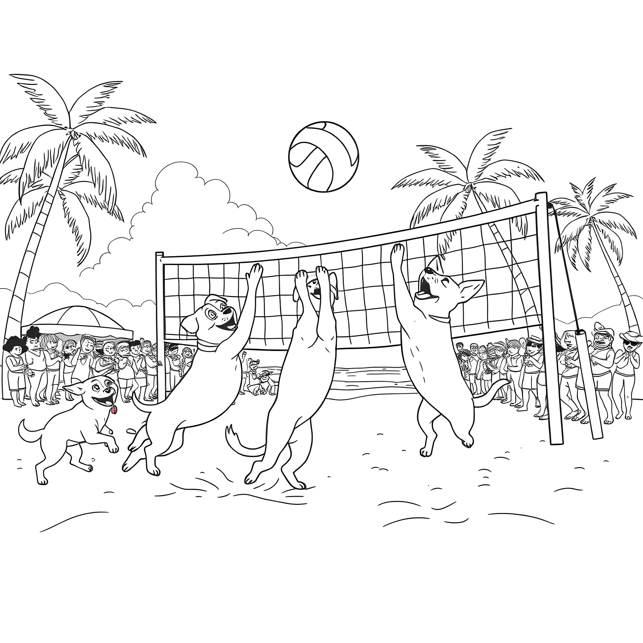 Dog playing volleyball with friends at the beach Coloring Page (free black-and-white line drawing printable PDF for all, from beginners to advanced learners, including children, teens, adults, and seniors)