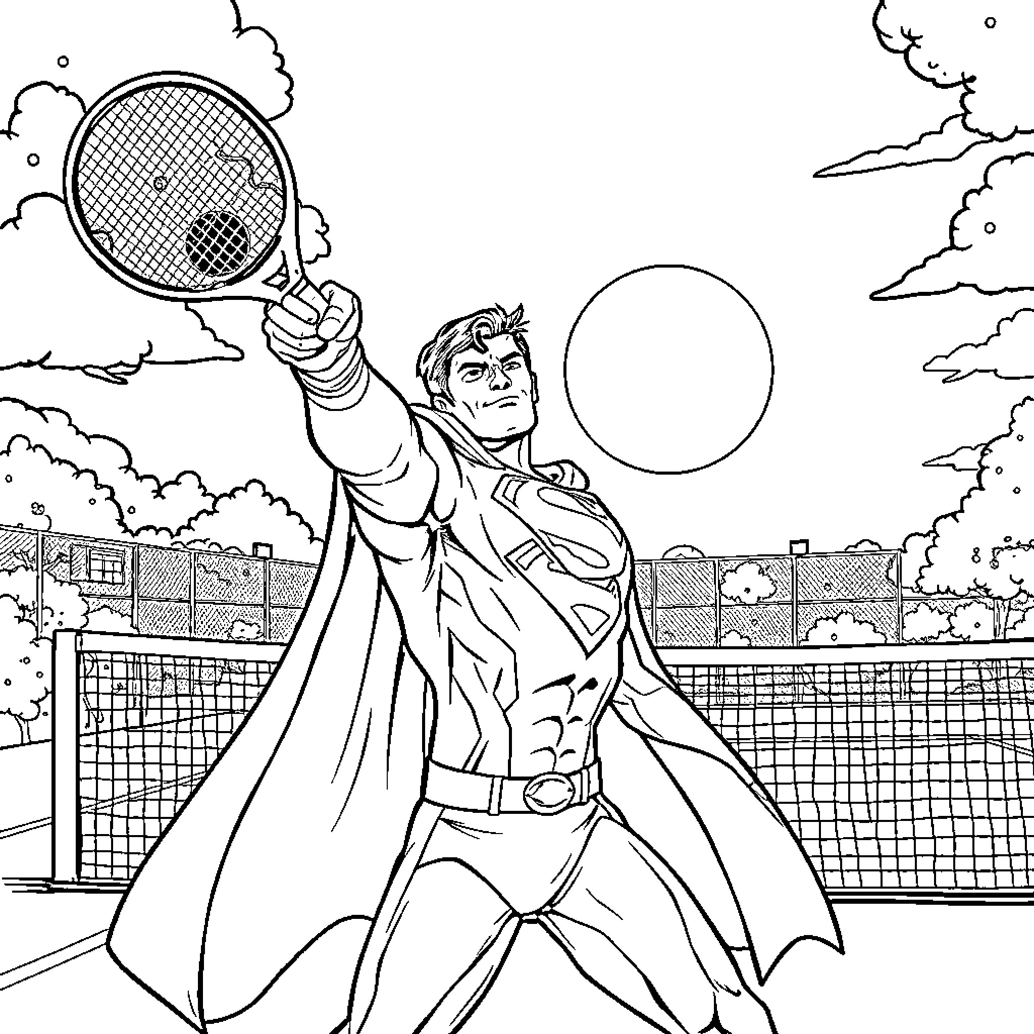 Superman serving a winning tennis shot Coloring Page (free black-and-white line drawing printable PDF for all, from beginners to advanced learners, including children, teens, adults, and seniors)
