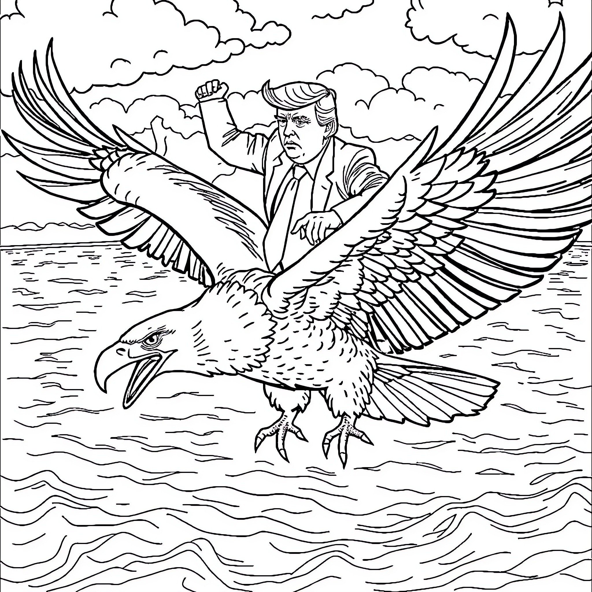 Donald Trump riding a majestic eagle over the ocean Coloring Page (free black-and-white line drawing printable PDF for all, from beginners to advanced learners, including children, teens, adults, and seniors)