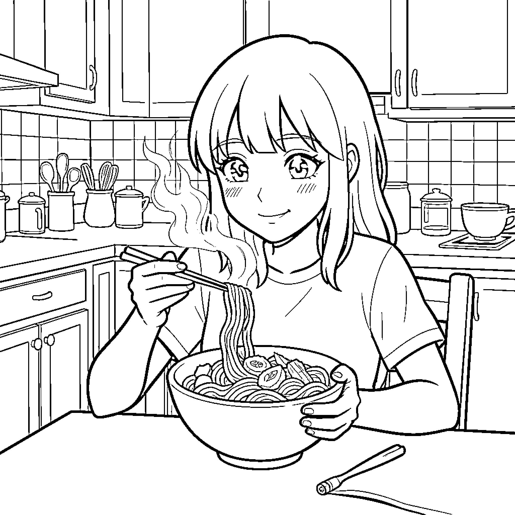 Roman girl smiling while eating a bowl of noodles Coloring Page (free black-and-white line drawing printable PDF for all, from beginners to advanced learners, including children, teens, adults, and seniors)