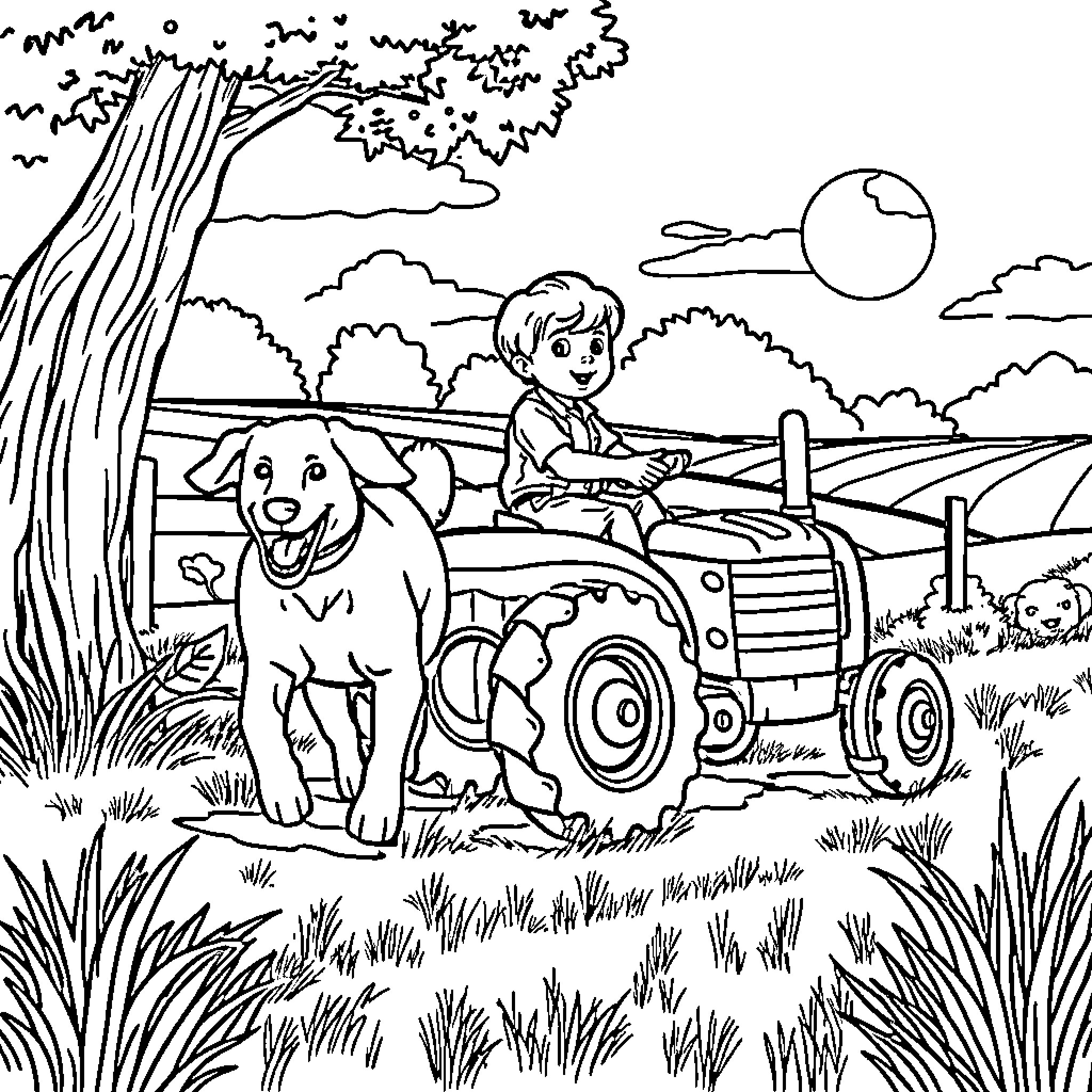 Labrador and child on a farm tractor Coloring Page (free black-and-white line drawing printable PDF for all, from beginners to advanced learners, including children, teens, adults, and seniors)
