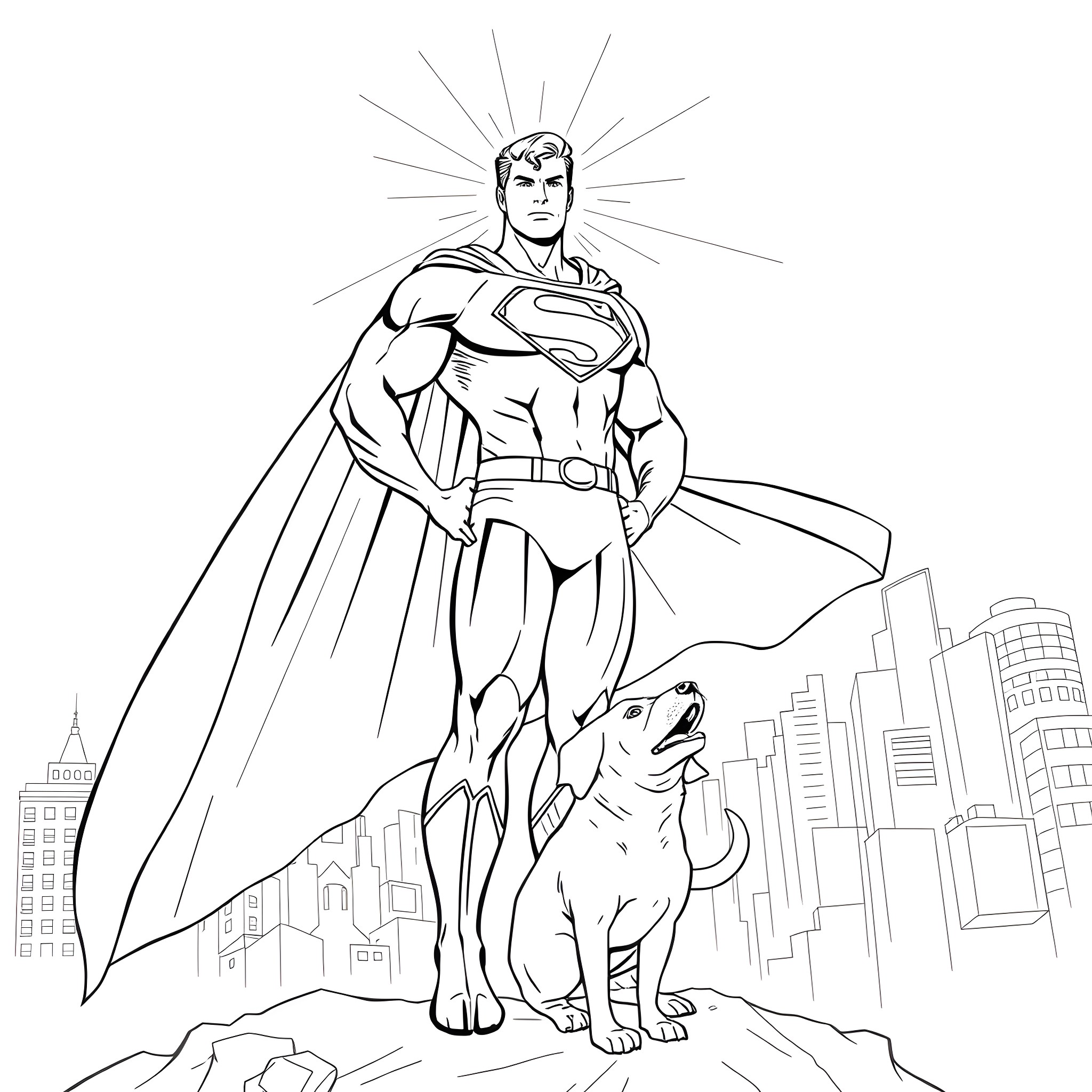 Superman heroically standing over city skyline Coloring Page (free black-and-white line drawing printable PDF for all, from beginners to advanced learners, including children, teens, adults, and seniors)