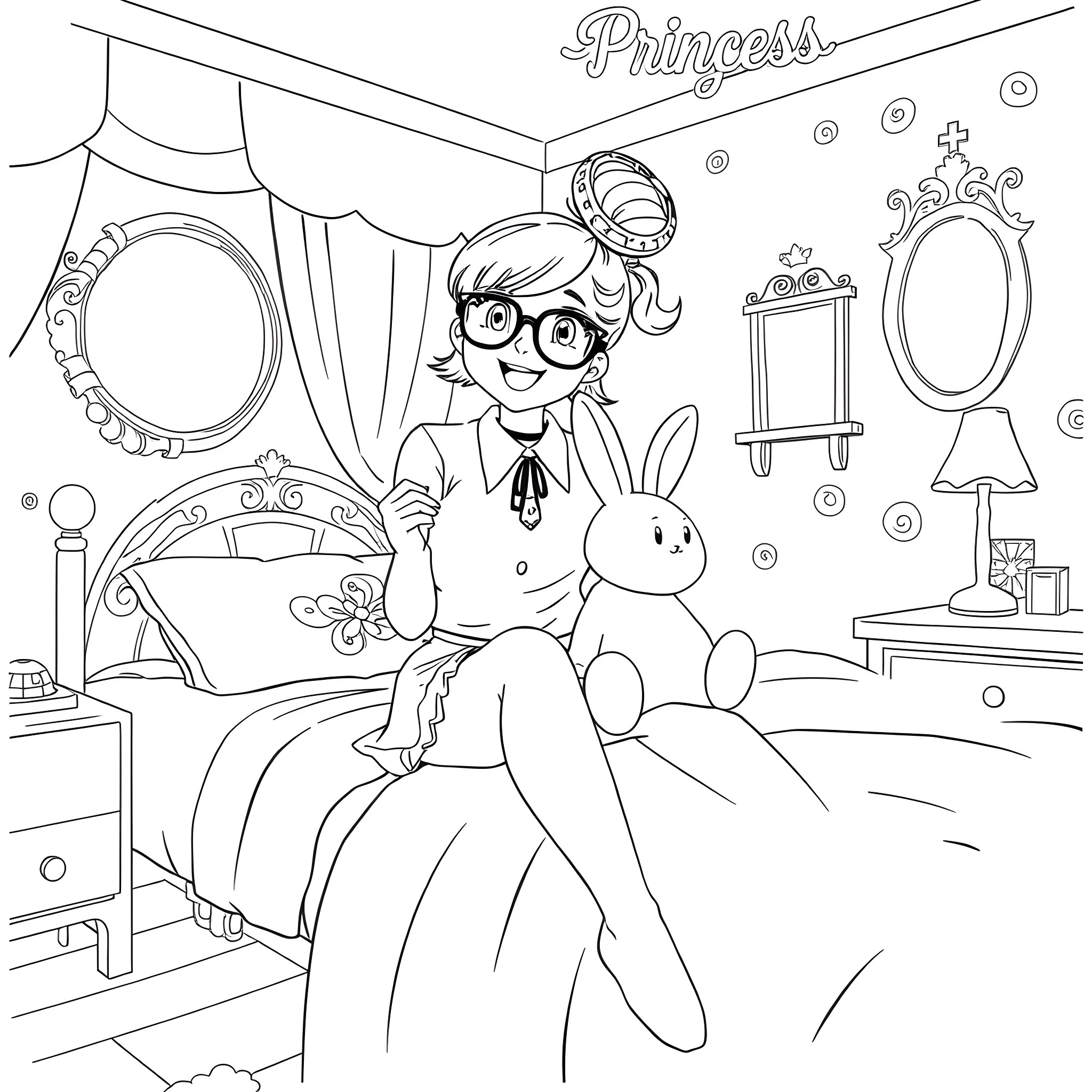 Female princess enjoying tea time with her pet bunny Coloring Page (free black-and-white line drawing printable PDF for all, from beginners to advanced learners, including children, teens, adults, and seniors)