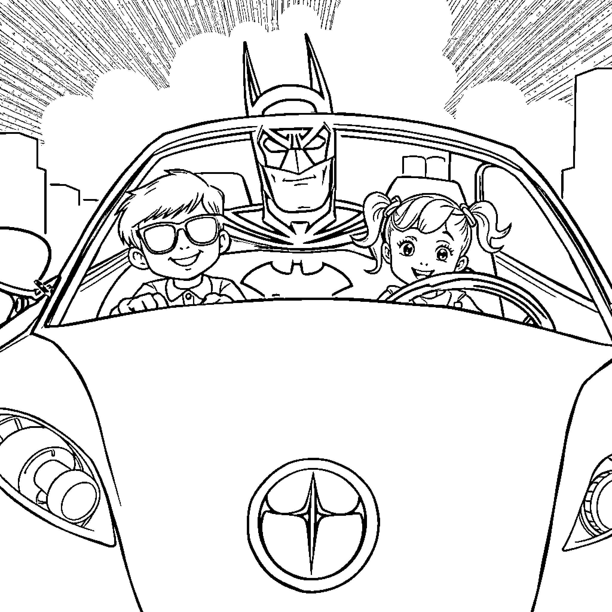 Batman Car Driving with Children Coloring Page (free black-and-white line drawing printable PDF for all, from beginners to advanced learners, including children, teens, adults, and seniors)