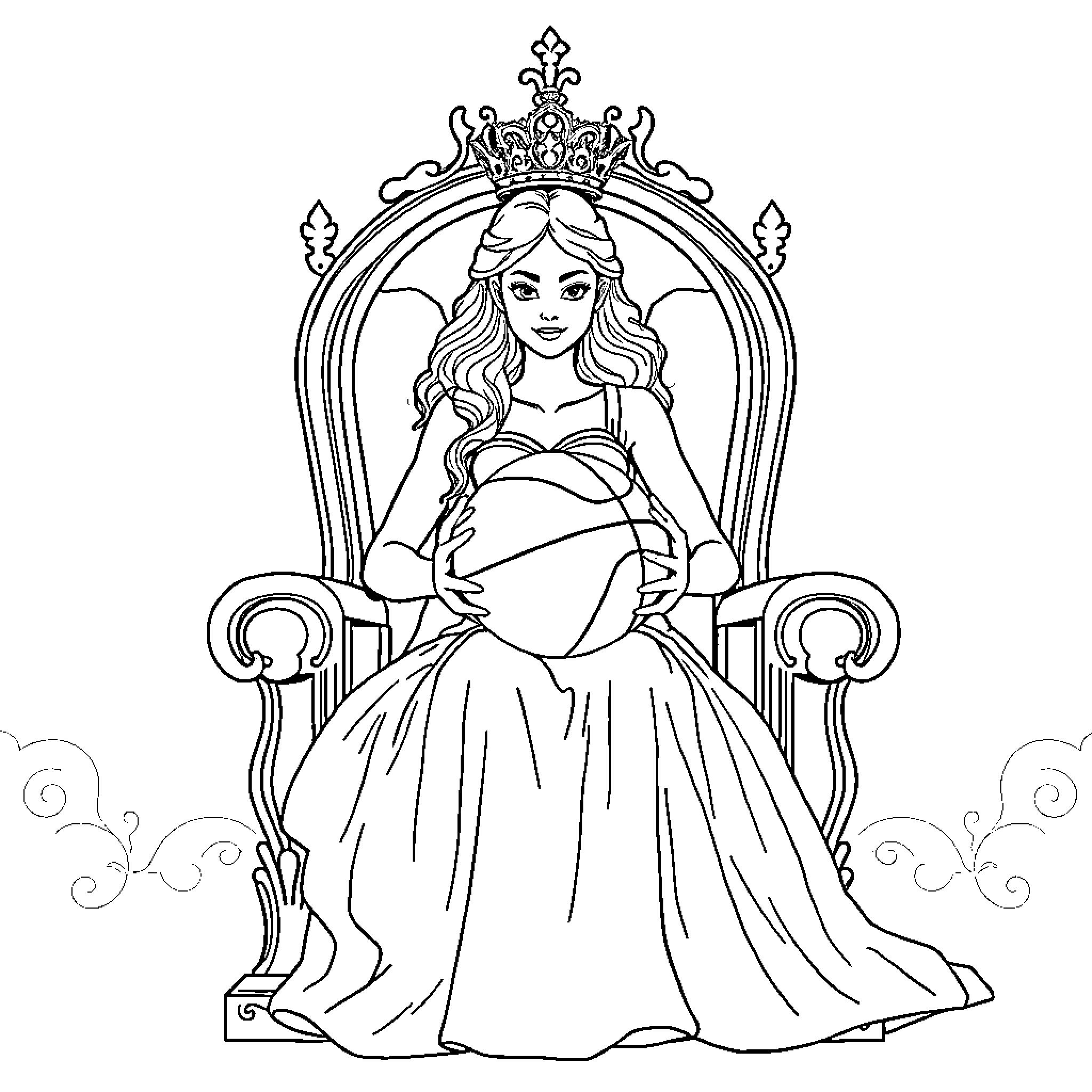 Princess Seated on Ornate Throne with Crown Coloring Page (free black-and-white line drawing printable PDF for all, from beginners to advanced learners, including children, teens, adults, and seniors)