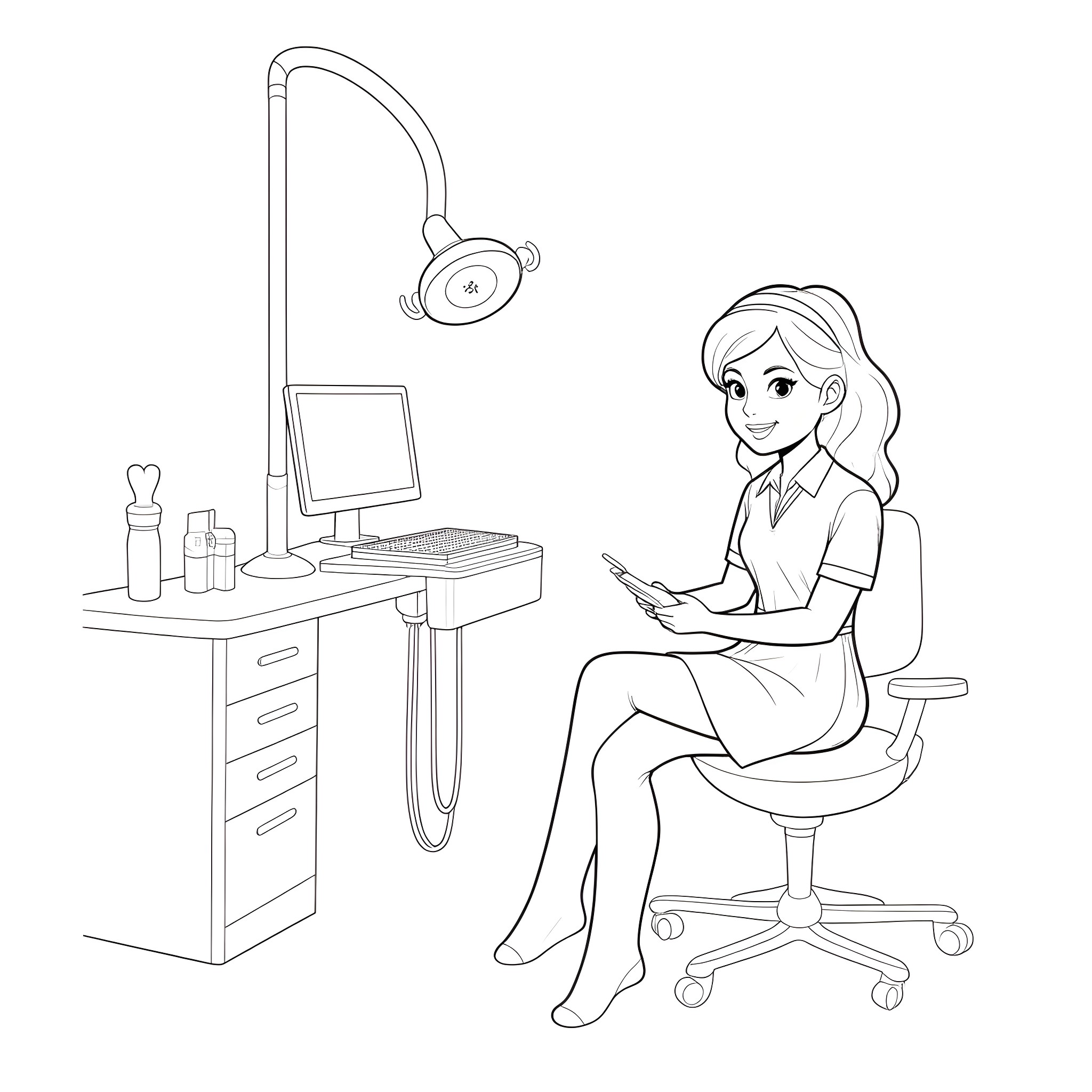Princess working diligently on computer in medical office Coloring Page (free black-and-white line drawing printable PDF for all, from beginners to advanced learners, including children, teens, adults, and seniors)