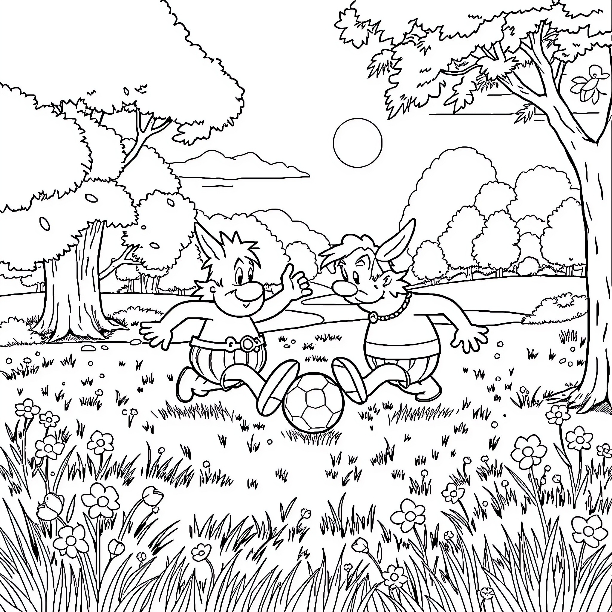 Asterix and Friends Playing Soccer in the Park Coloring Page (free black-and-white line drawing printable PDF for all, from beginners to advanced learners, including children, teens, adults, and seniors)