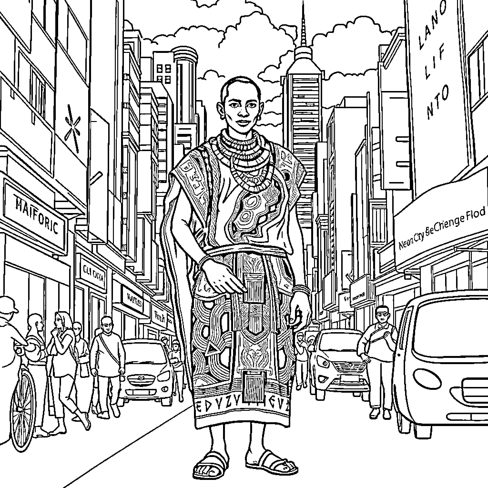 Masai warrior in the heart of the city Coloring Page (free black-and-white line drawing printable PDF for all, from beginners to advanced learners, including children, teens, adults, and seniors)