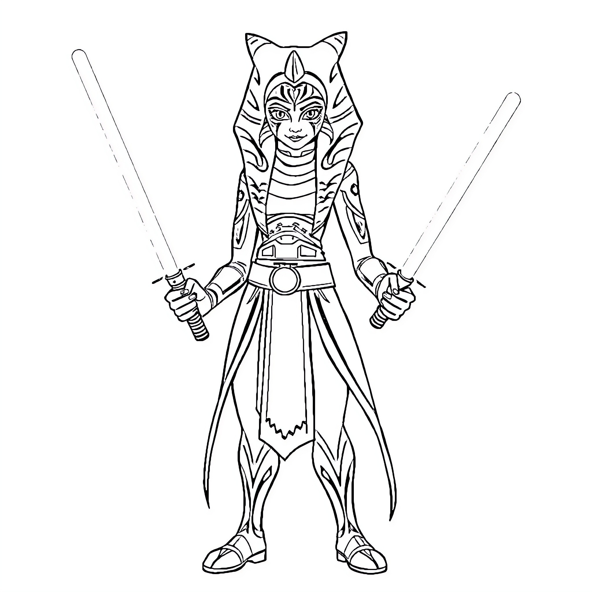 Ahsoka wielding dual lightsabers in action pose Coloring Page (free black-and-white line drawing printable PDF for all, from beginners to advanced learners, including children, teens, adults, and seniors)