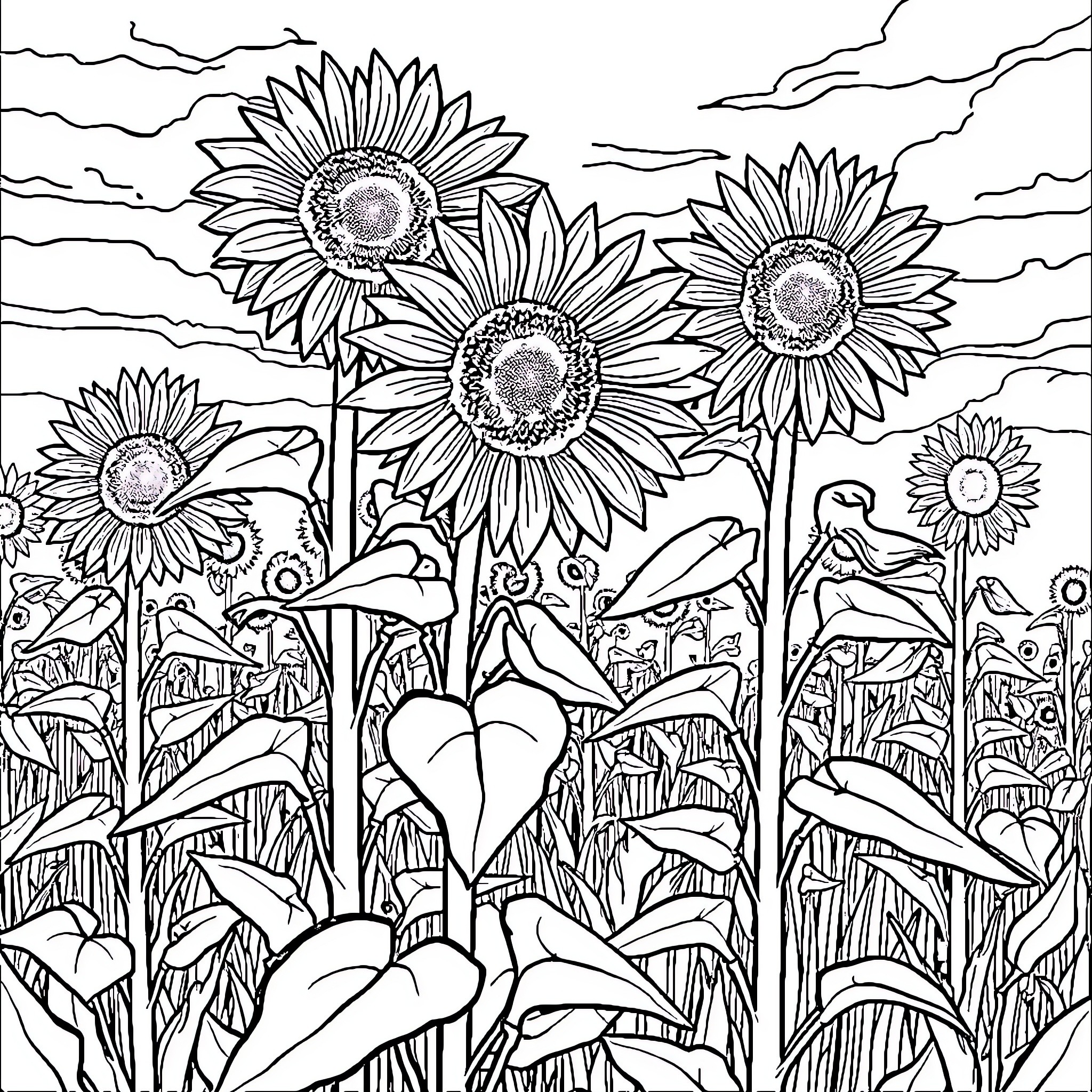 Sunflowers blooming beautifully in a serene field Coloring Page (free black-and-white line drawing printable PDF for all, from beginners to advanced learners, including children, teens, adults, and seniors)