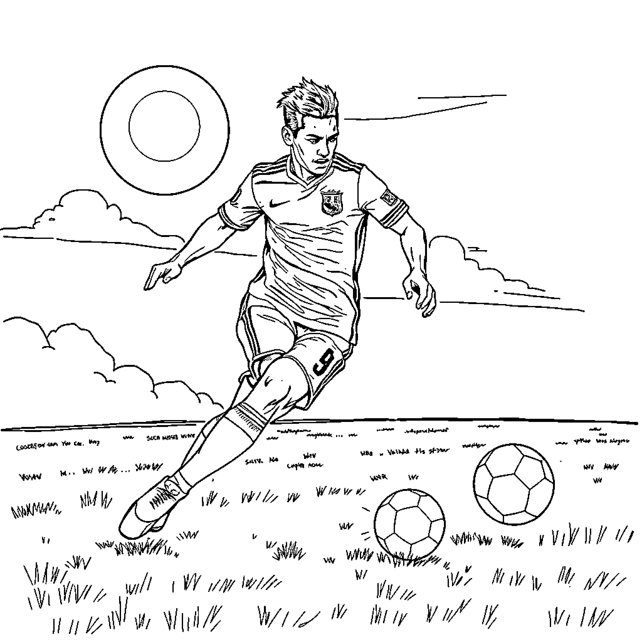 Neymar playing football on the field Coloring Page (free black-and-white line drawing printable PDF for all, from beginners to advanced learners, including children, teens, adults, and seniors)