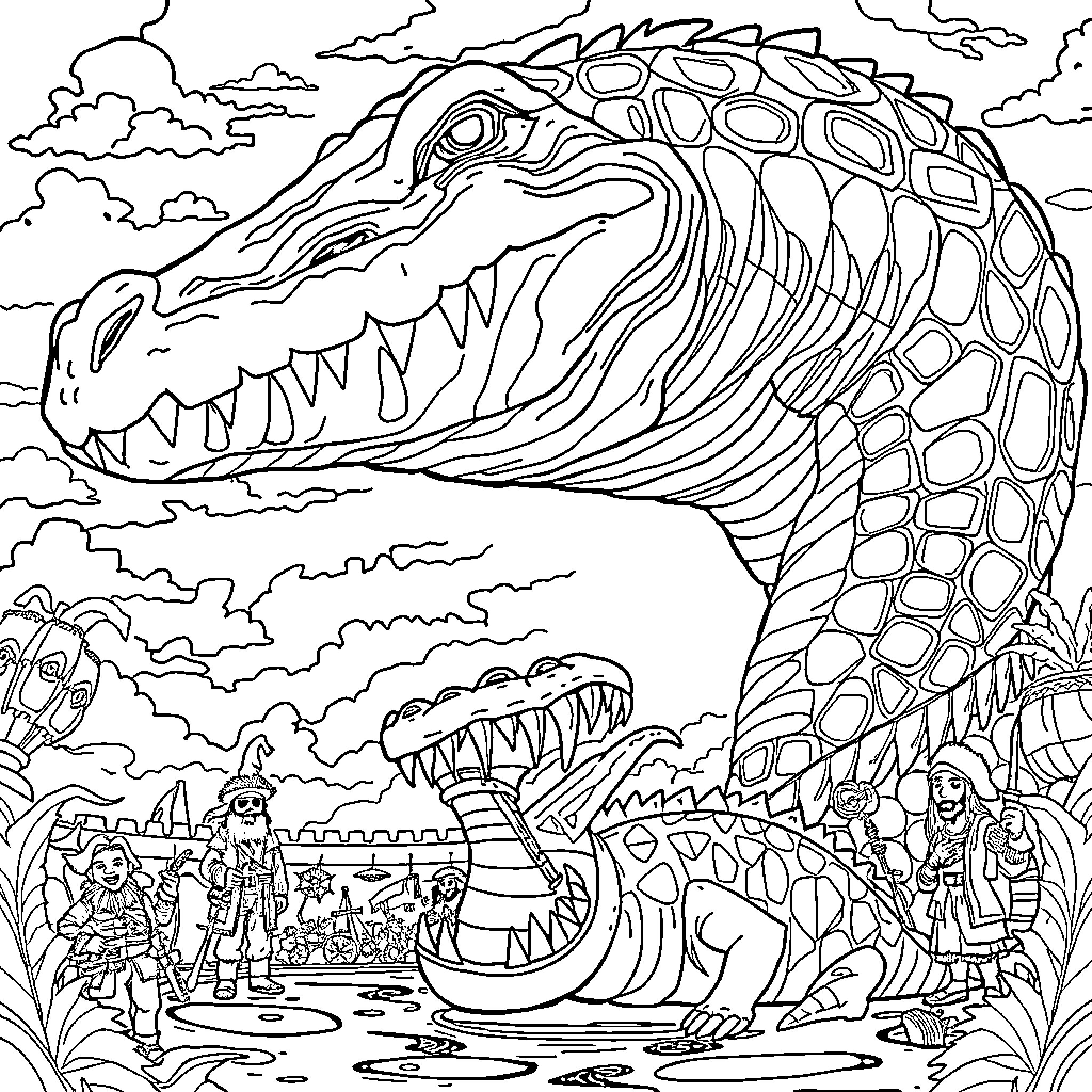 Titanboa Confronts Adventurers in Prehistoric Landscape Coloring Page (free black-and-white line drawing printable PDF for all, from beginners to advanced learners, including children, teens, adults, and seniors)