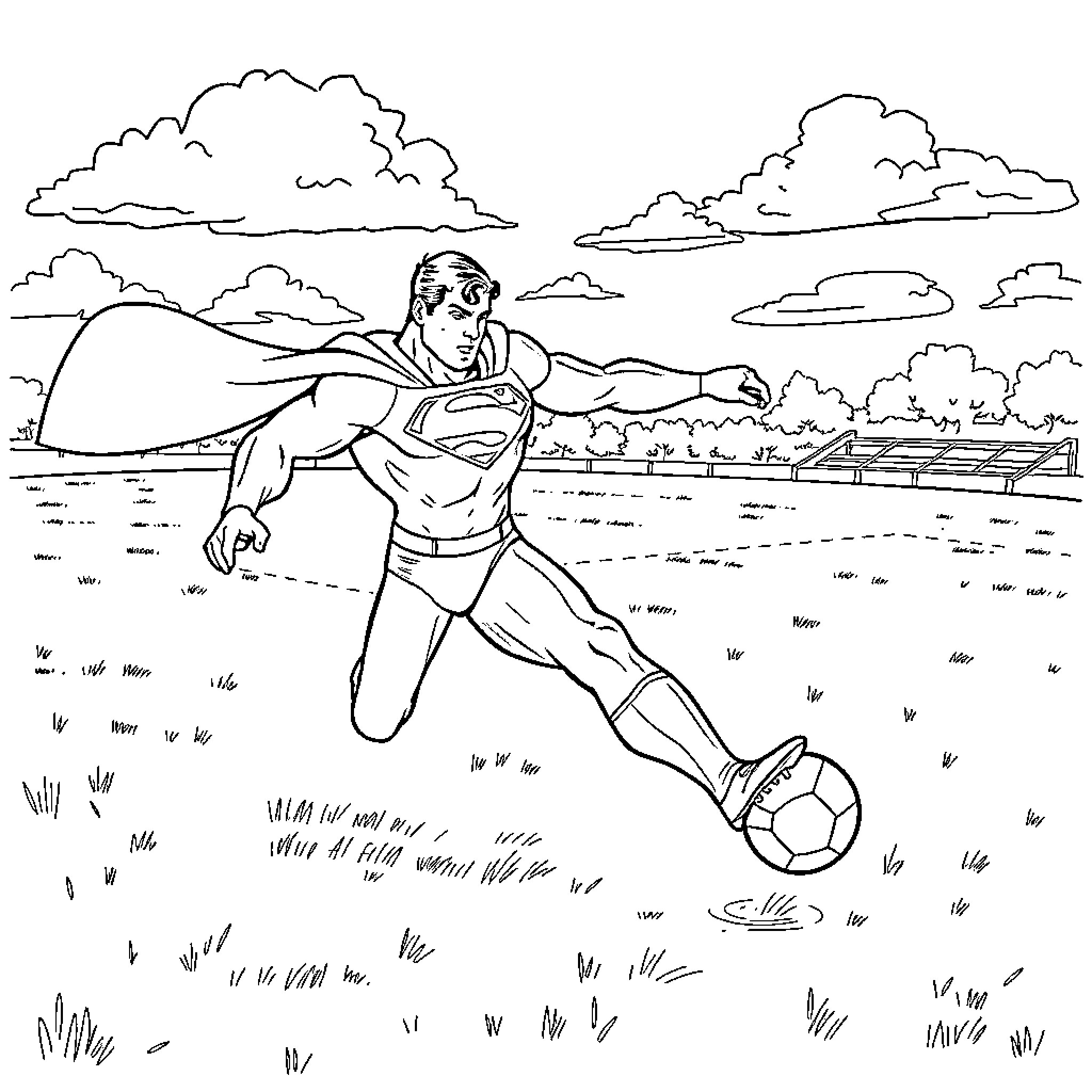 Superman soaring over the countryside Coloring Page (free black-and-white line drawing printable PDF for all, from beginners to advanced learners, including children, teens, adults, and seniors)