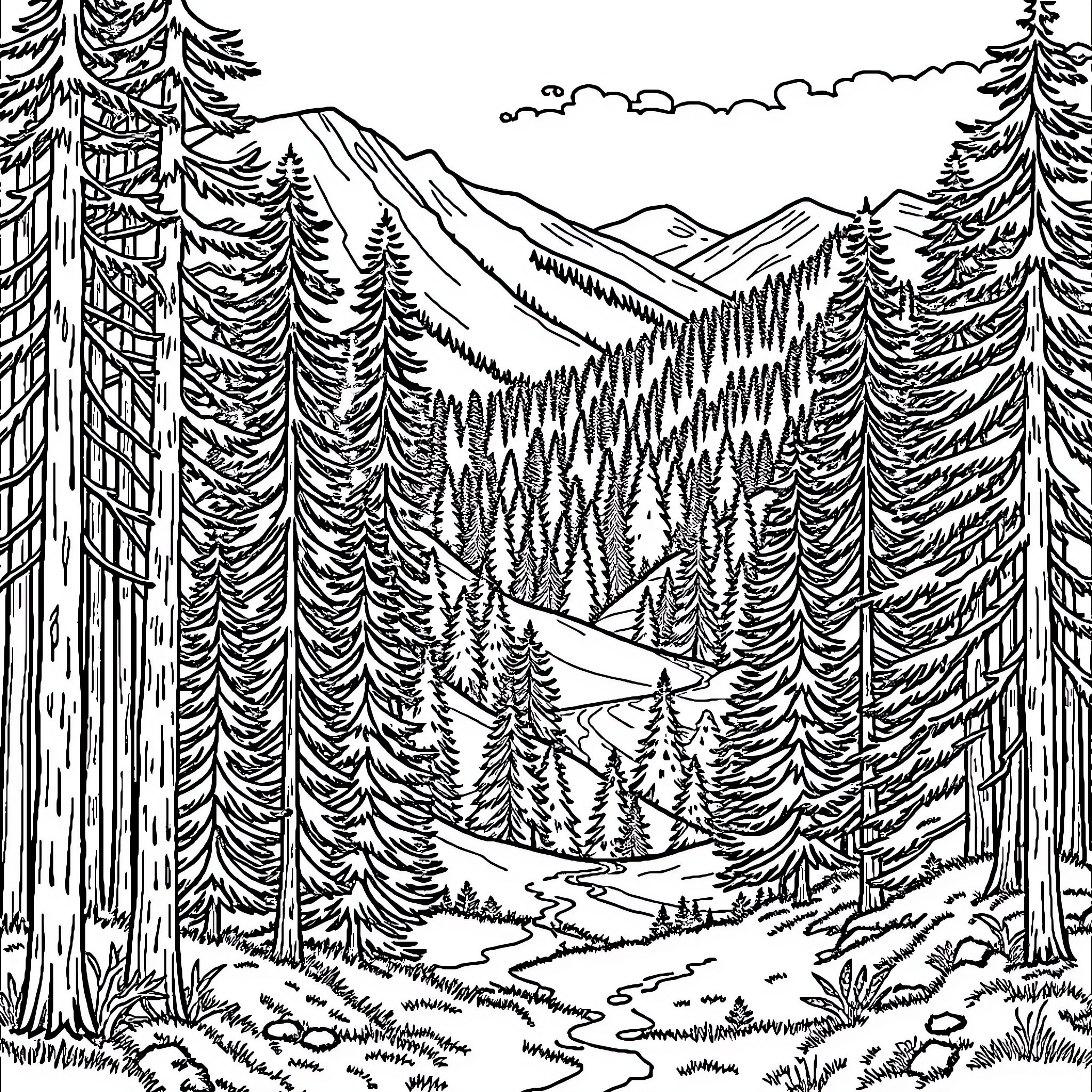 Landscape of a Forested Mountain Retreat Coloring Page (free black-and-white line drawing printable PDF for all, from beginners to advanced learners, including children, teens, adults, and seniors)