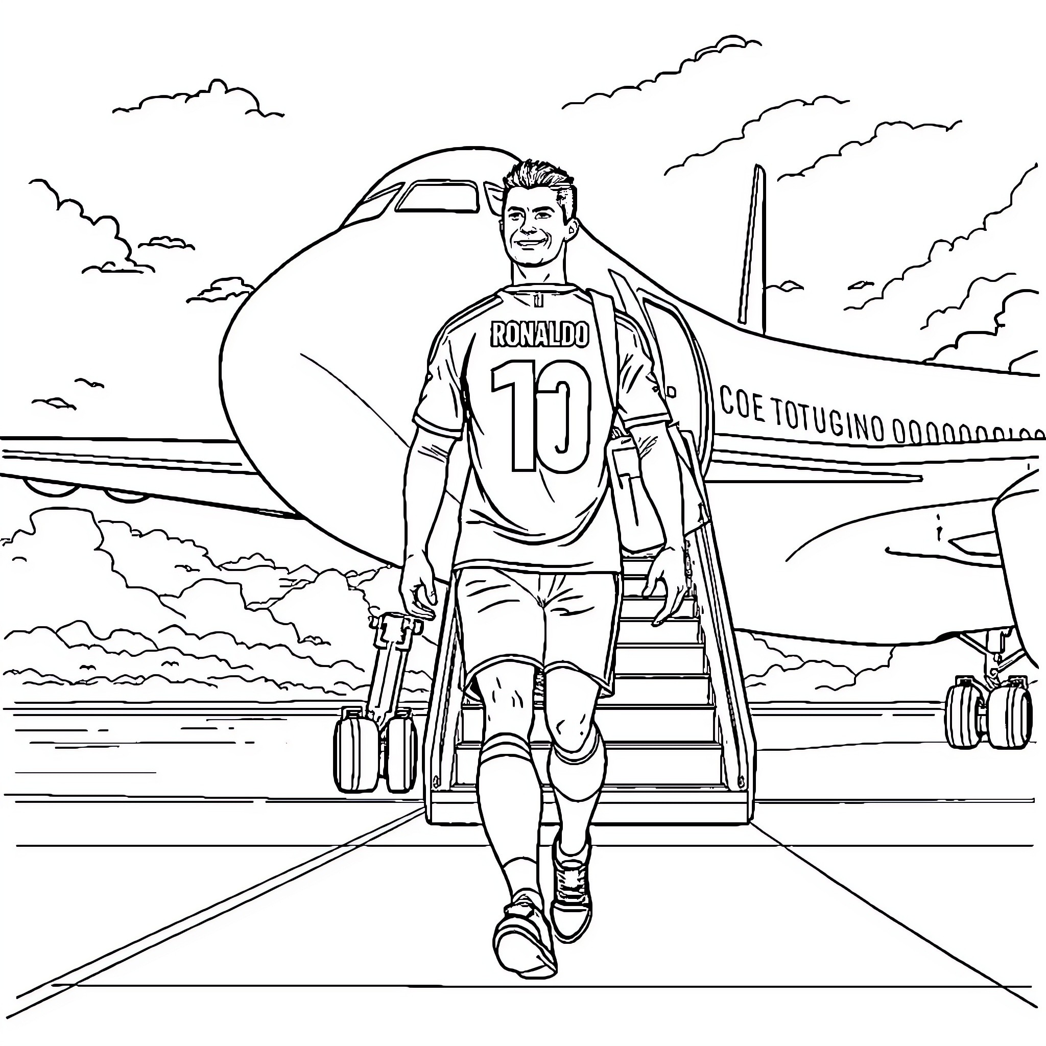Cristiano Ronaldo boarding a private jet Coloring Page (free black-and-white line drawing printable PDF for all, from beginners to advanced learners, including children, teens, adults, and seniors)