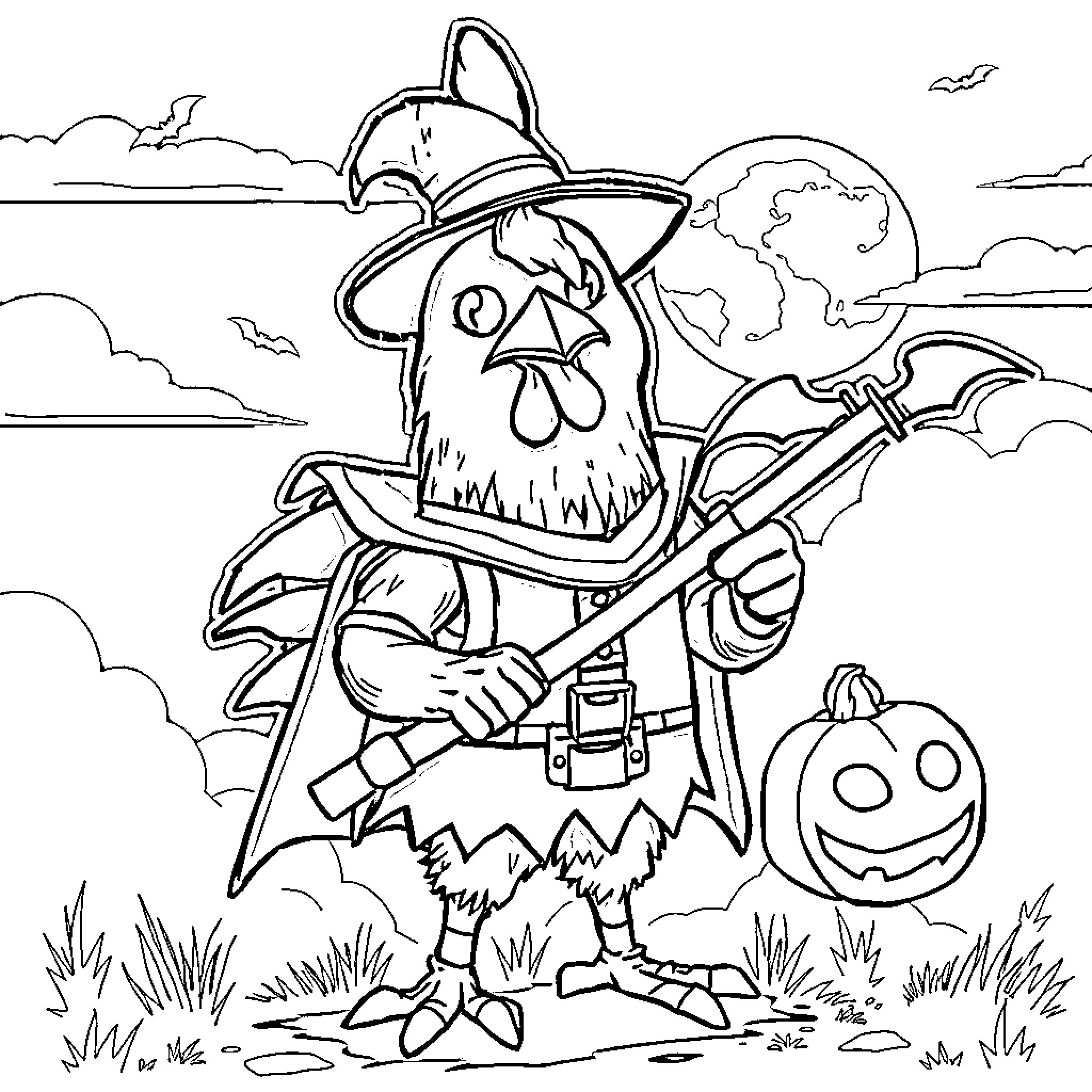 Chicken Jockey in Halloween Costume with Pumpkin Coloring Page (free black-and-white line drawing printable PDF for all, from beginners to advanced learners, including children, teens, adults, and seniors)