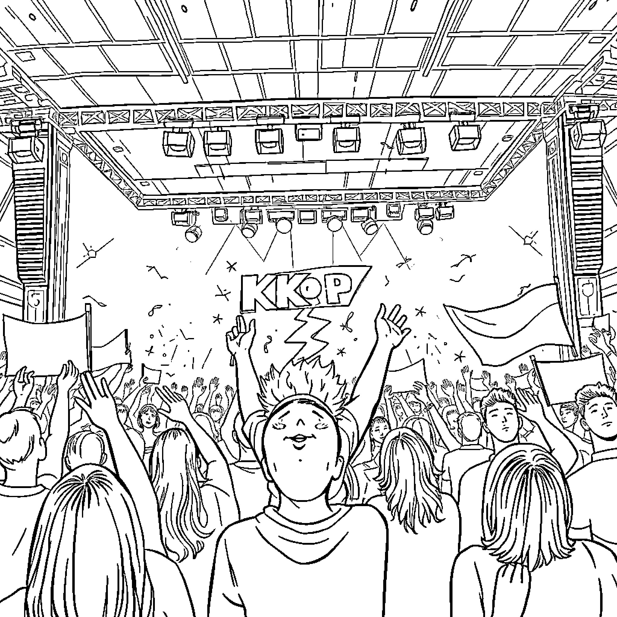 K Pop Live Concert Celebration on Stage Coloring Page (free black-and-white line drawing printable PDF for all, from beginners to advanced learners, including children, teens, adults, and seniors)