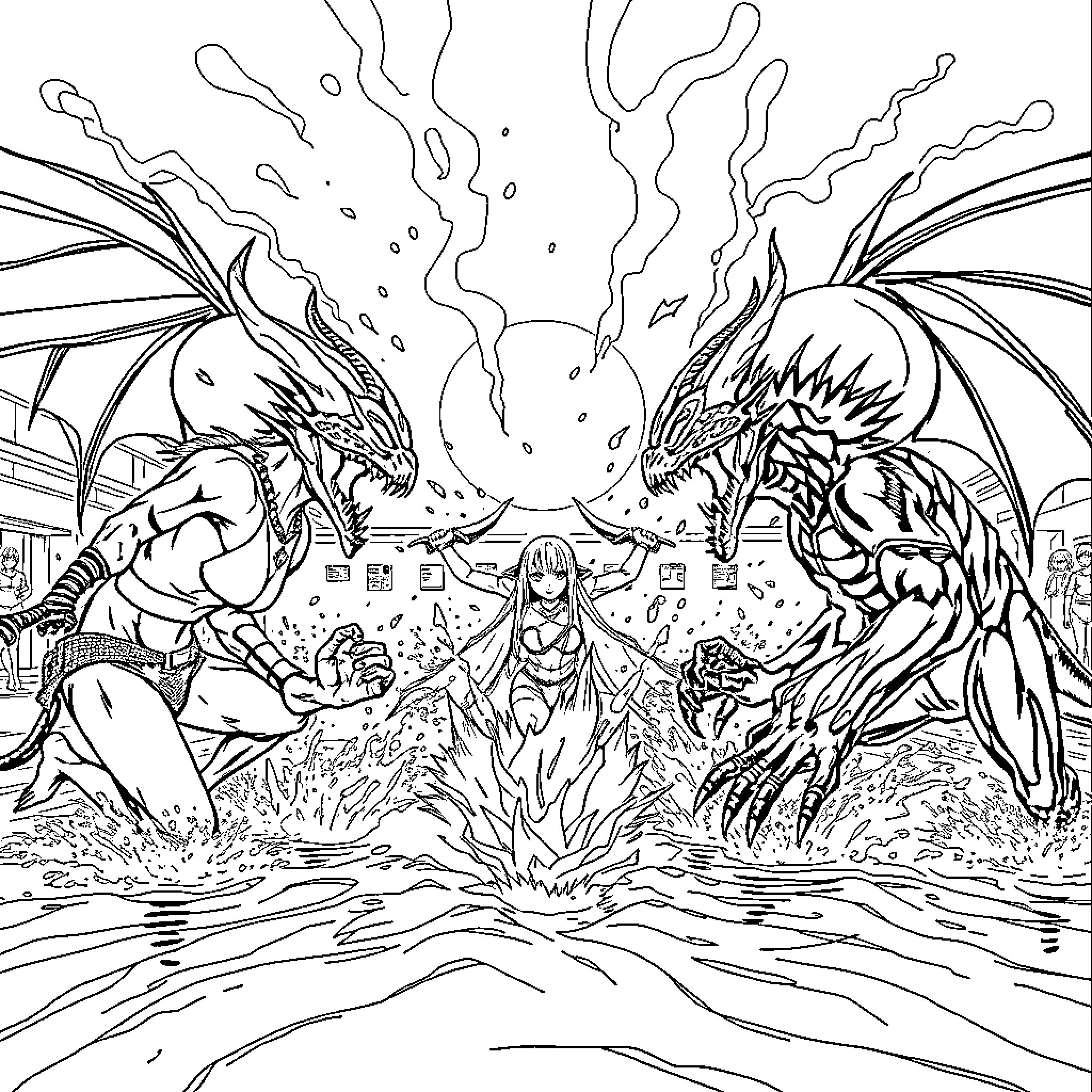 K-POP Demon Hunter: Fierce Battle Amidst Supernatural Chaos Coloring Page (free black-and-white line drawing printable PDF for all, from beginners to advanced learners, including children, teens, adults, and seniors)