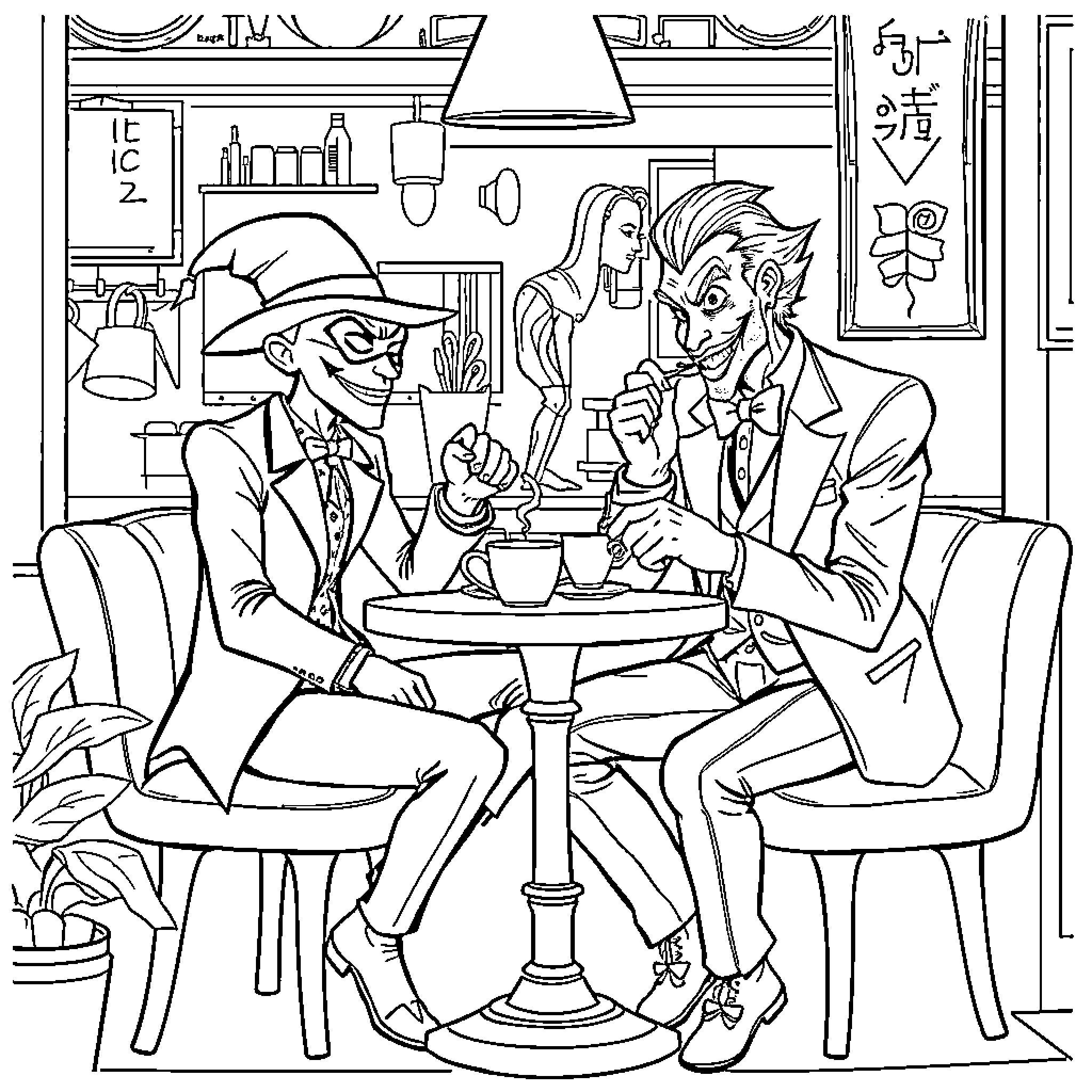 Riddler's Cunning Conversation in the Café Coloring Page (free black-and-white line drawing printable PDF for all, from beginners to advanced learners, including children, teens, adults, and seniors)