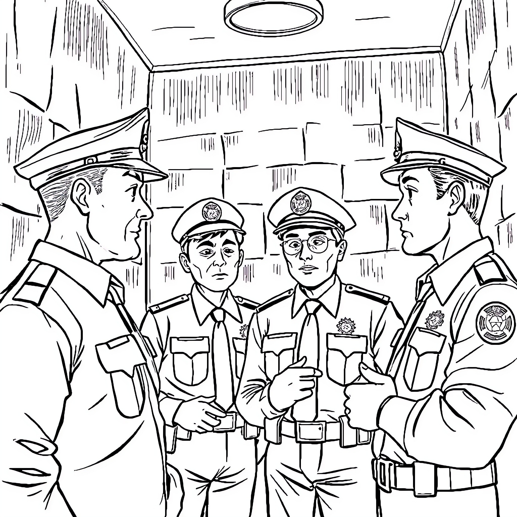 Goose officers discussing important matters in a police station Coloring Page (free black-and-white line drawing printable PDF for all, from beginners to advanced learners, including children, teens, adults, and seniors)