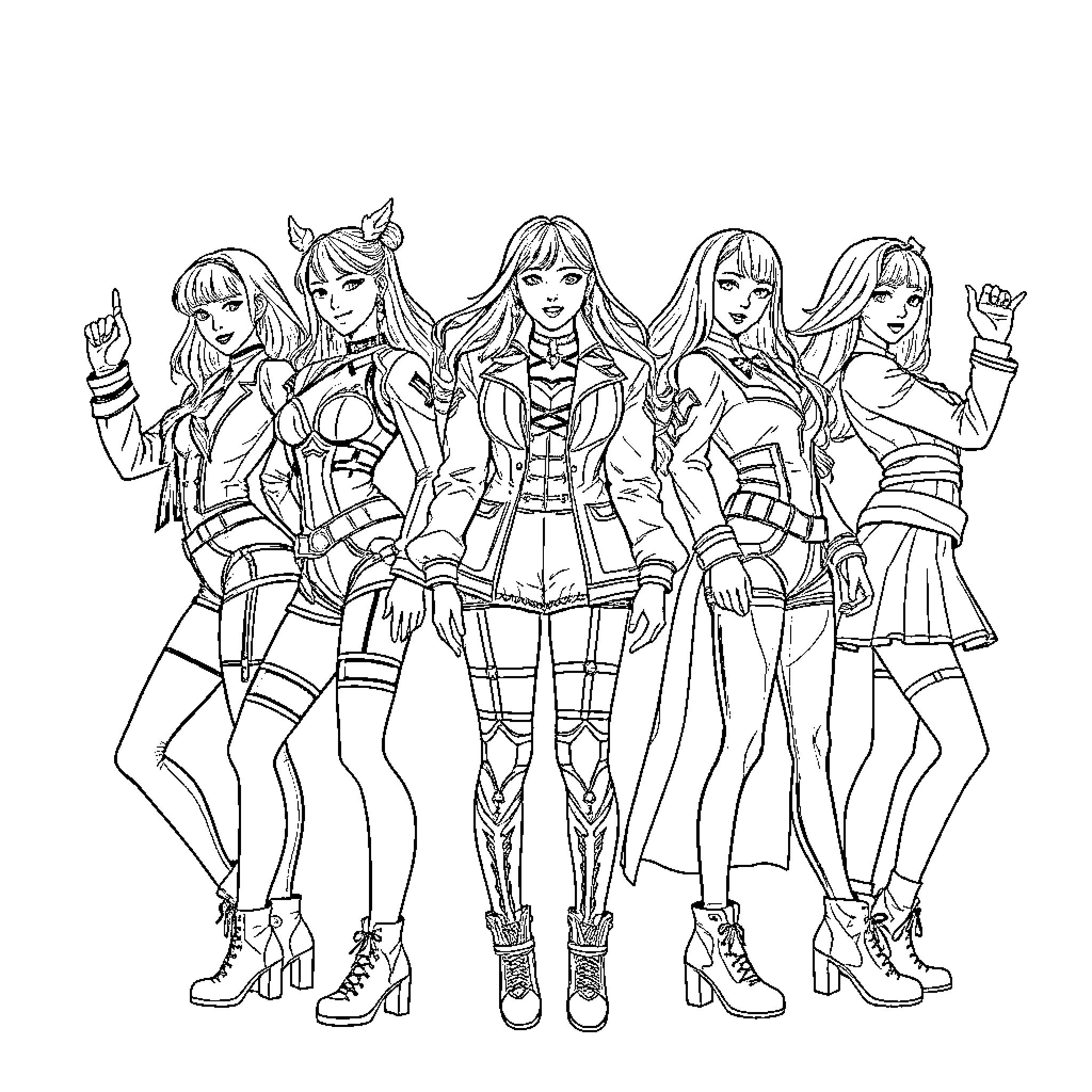 K-pop Girl Group Posing Together in Stylized Outfits Coloring Page (free black-and-white line drawing printable PDF for all, from beginners to advanced learners, including children, teens, adults, and seniors)