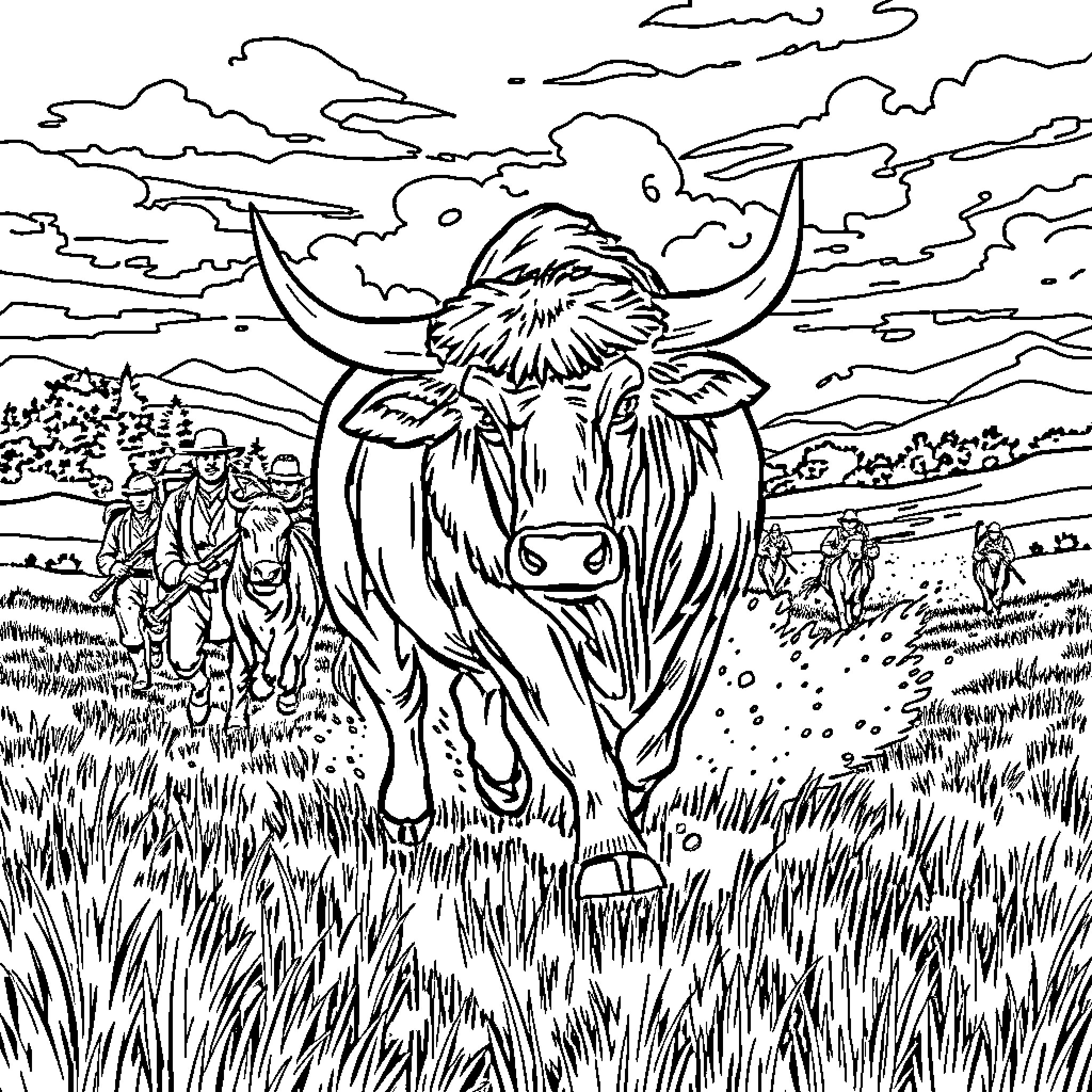 Bull with shaggy fur roaming in grassy field Coloring Page (free black-and-white line drawing printable PDF for all, from beginners to advanced learners, including children, teens, adults, and seniors)