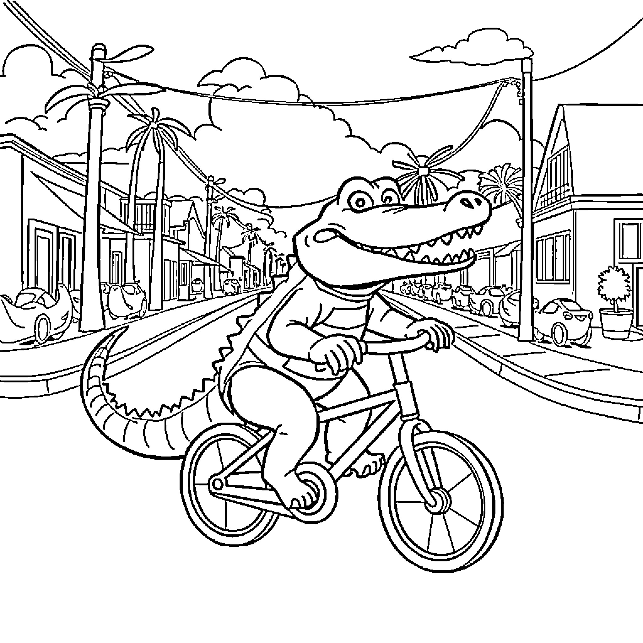 Alligator riding a bicycle through a tropical town Coloring Page (free black-and-white line drawing printable PDF for all, from beginners to advanced learners, including children, teens, adults, and seniors)