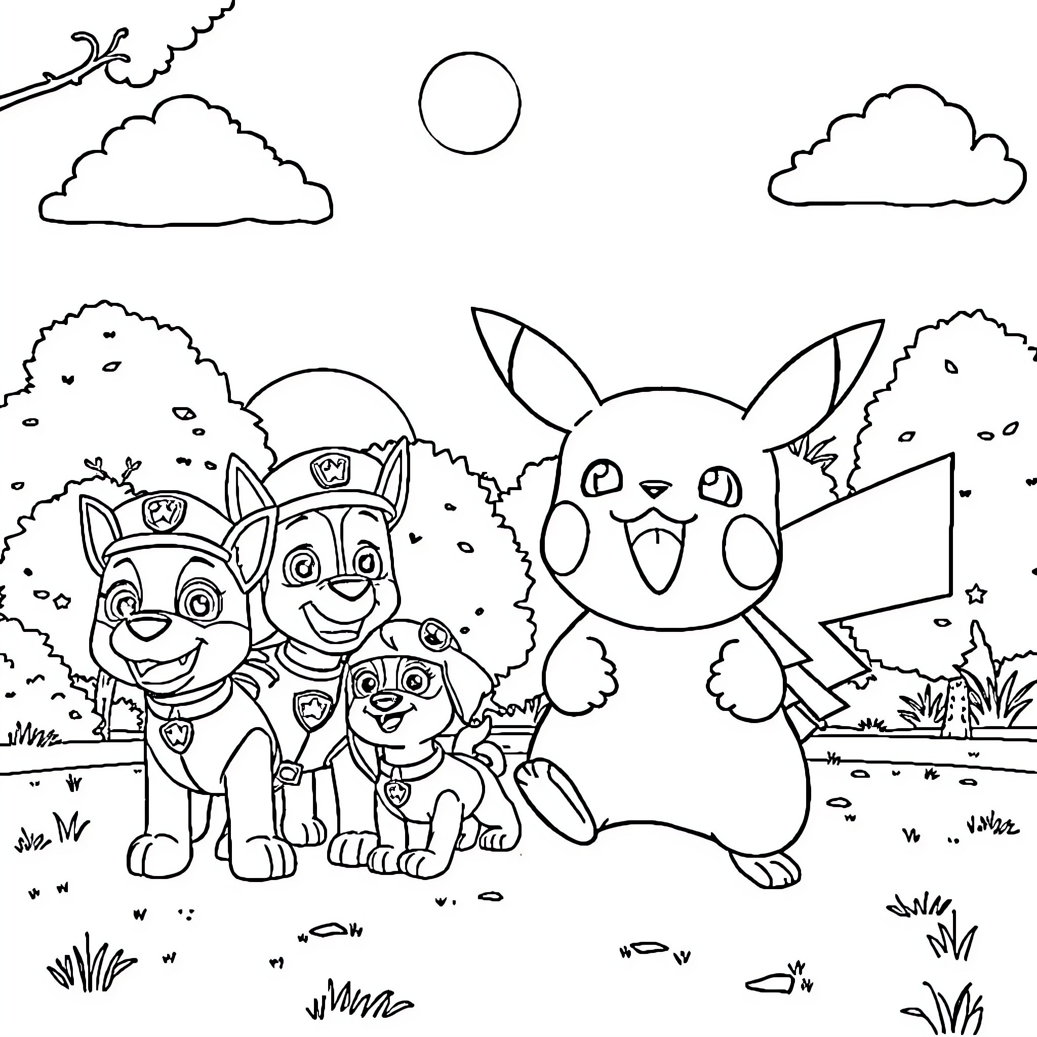 Pikachu and Paw Patrol pups playing in the park Coloring Page (free black-and-white line drawing printable PDF for all, from beginners to advanced learners, including children, teens, adults, and seniors)