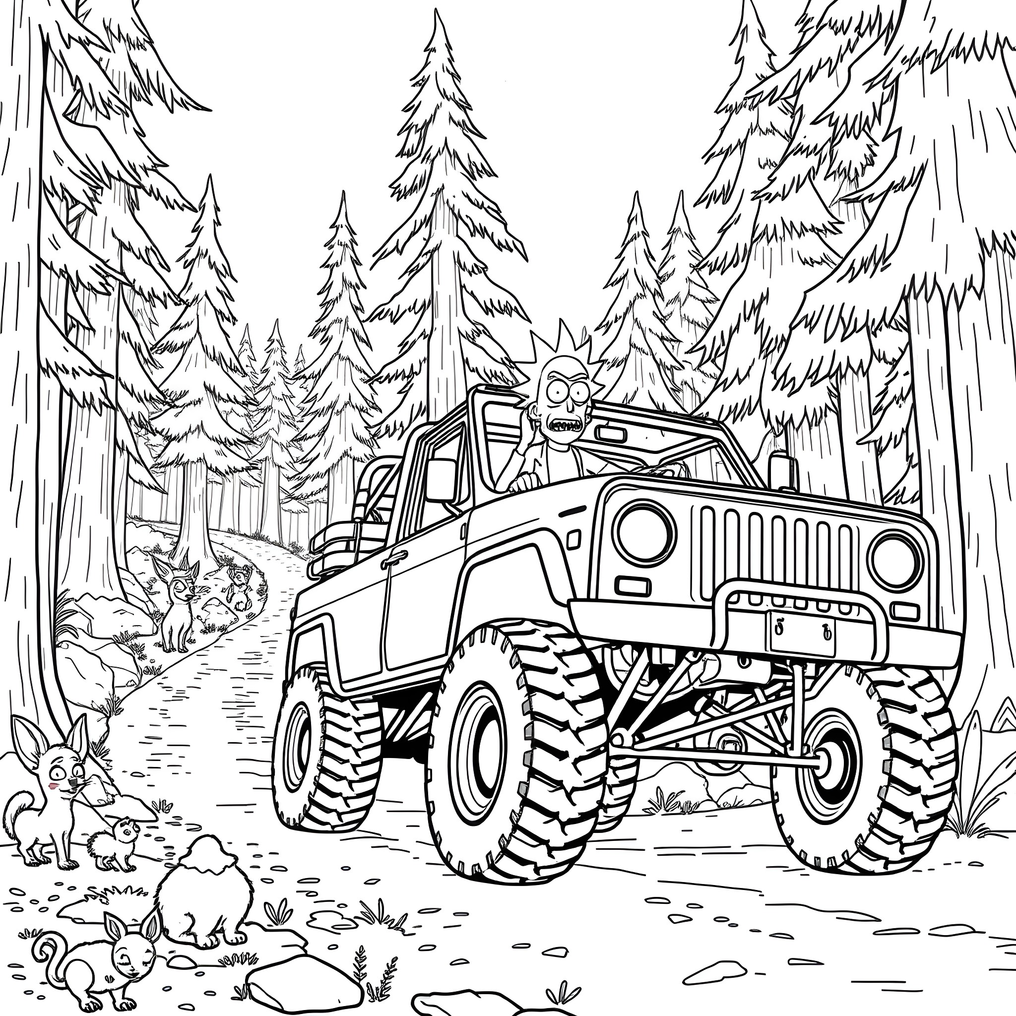 Rick And Morty in a Rugged Jeep Traversing the Wilderness Coloring Page (free black-and-white line drawing printable PDF for all, from beginners to advanced learners, including children, teens, adults, and seniors)