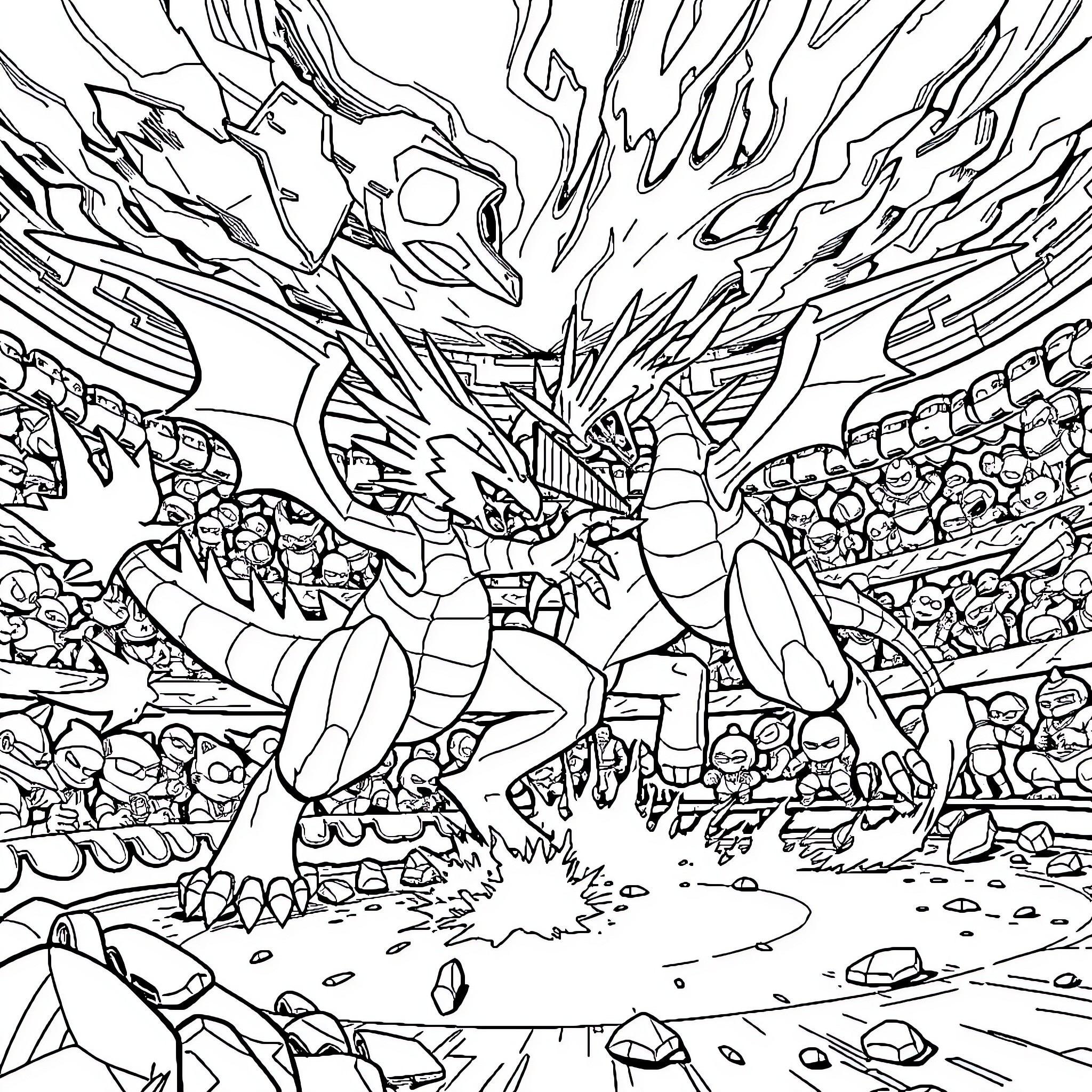 Digimon Creature Battling in Fantastical Landscape Coloring Page (free black-and-white line drawing printable PDF for all, from beginners to advanced learners, including children, teens, adults, and seniors)