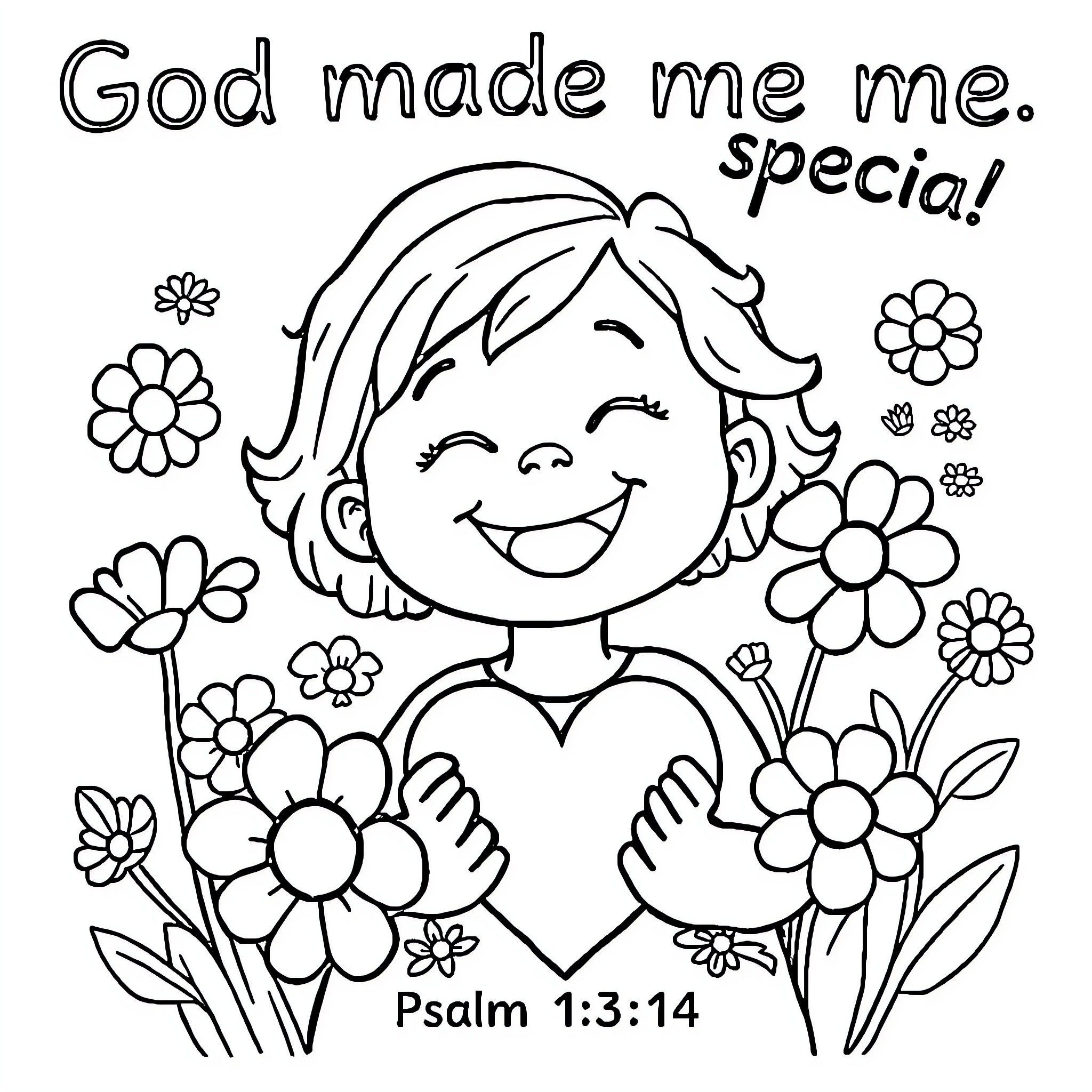 Child smiling with flowers and inspirational text Coloring Page (free black-and-white line drawing printable PDF for all, from beginners to advanced learners, including children, teens, adults, and seniors)