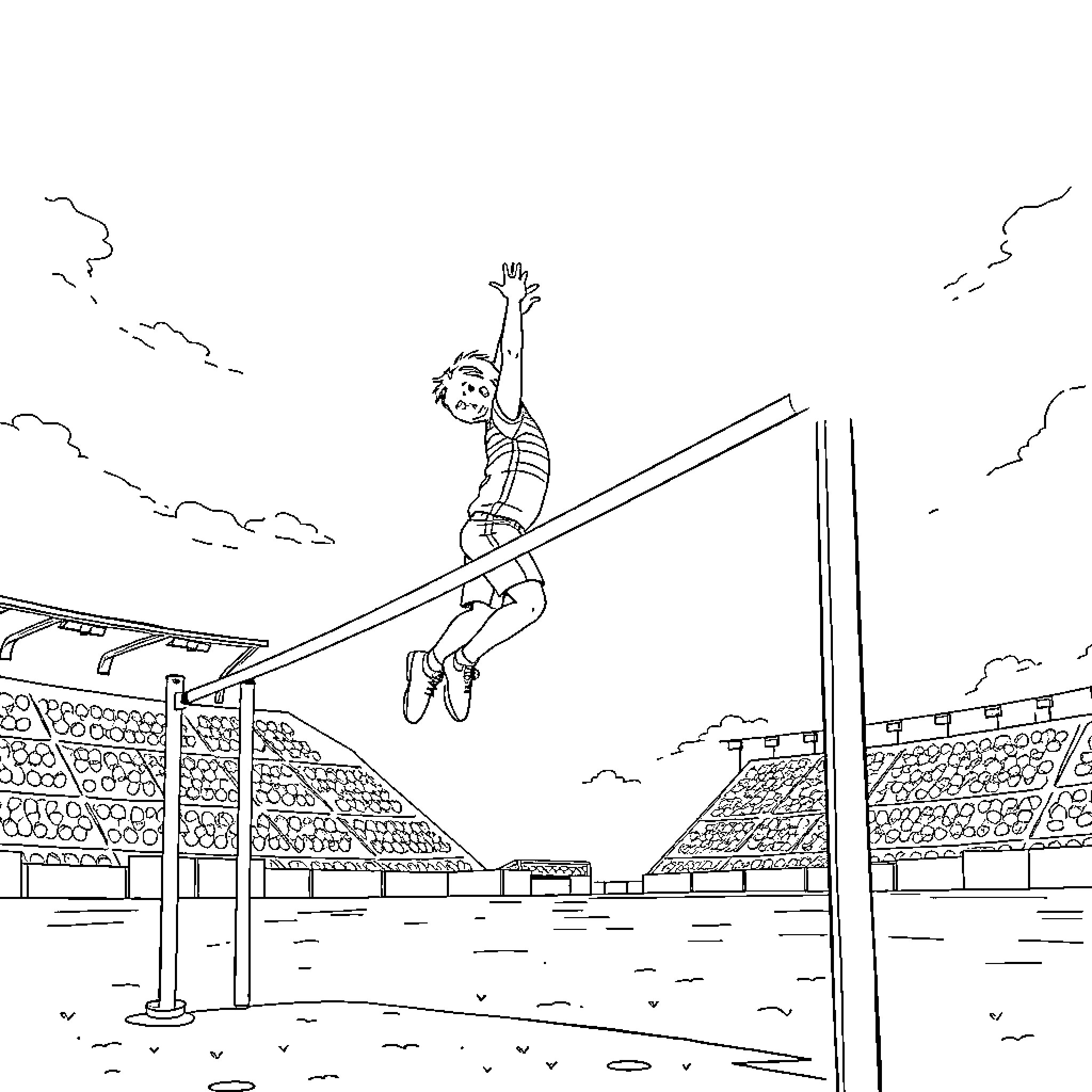 Boy jumping high over hurdle on athletic field Coloring Page (free black-and-white line drawing printable PDF for all, from beginners to advanced learners, including children, teens, adults, and seniors)