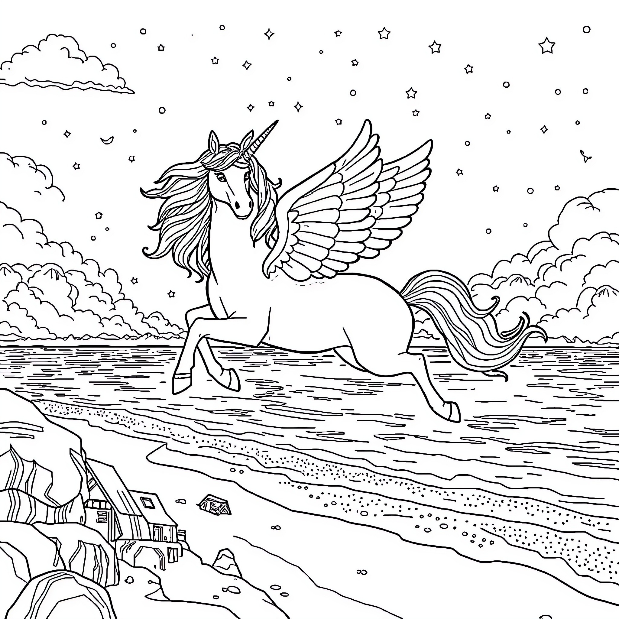 Unicorn Soaring Through Starry Night Sky Coloring Page (free black-and-white line drawing printable PDF for all, from beginners to advanced learners, including children, teens, adults, and seniors)