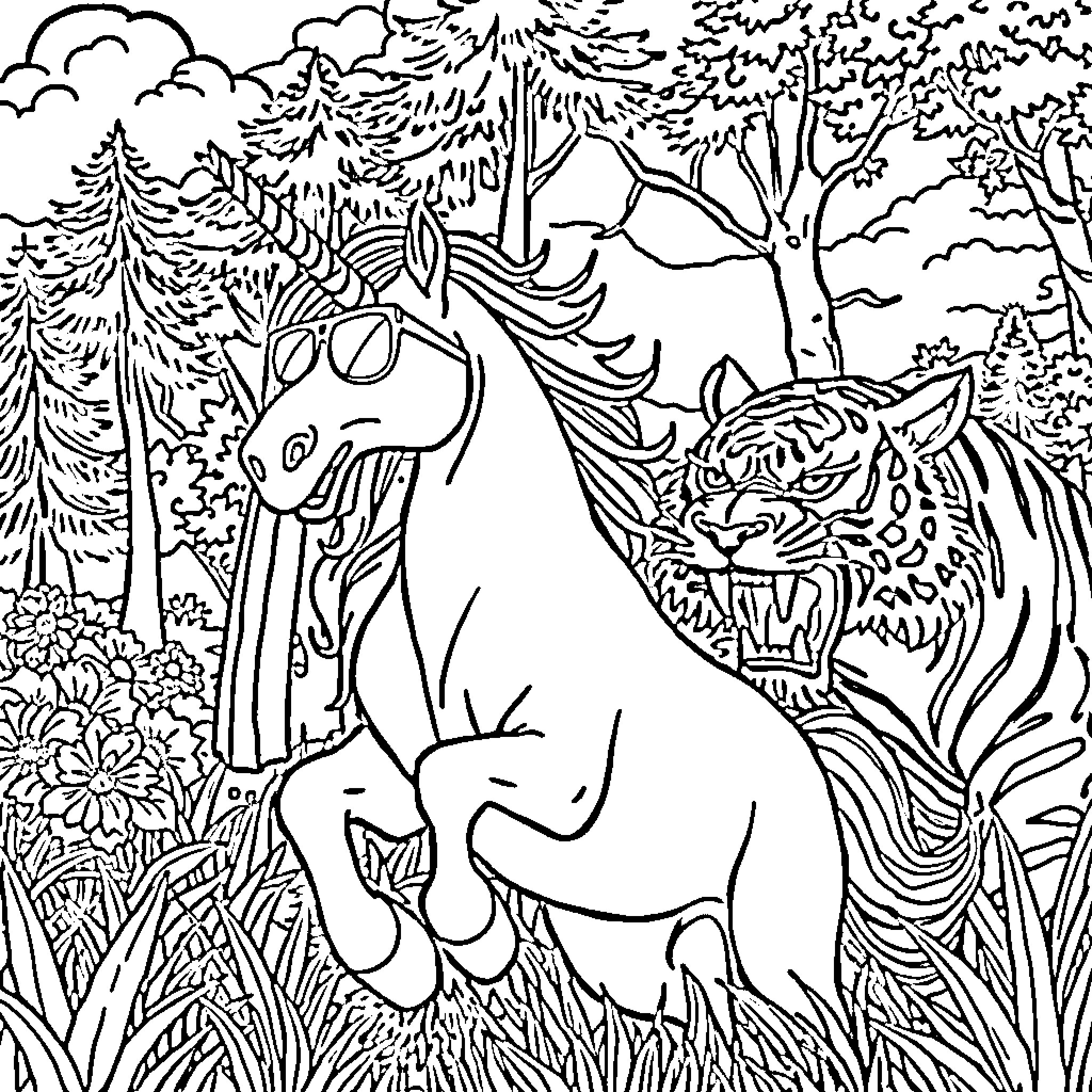 Unicorn gracefully dancing among forest creatures Coloring Page (free black-and-white line drawing printable PDF for all, from beginners to advanced learners, including children, teens, adults, and seniors)