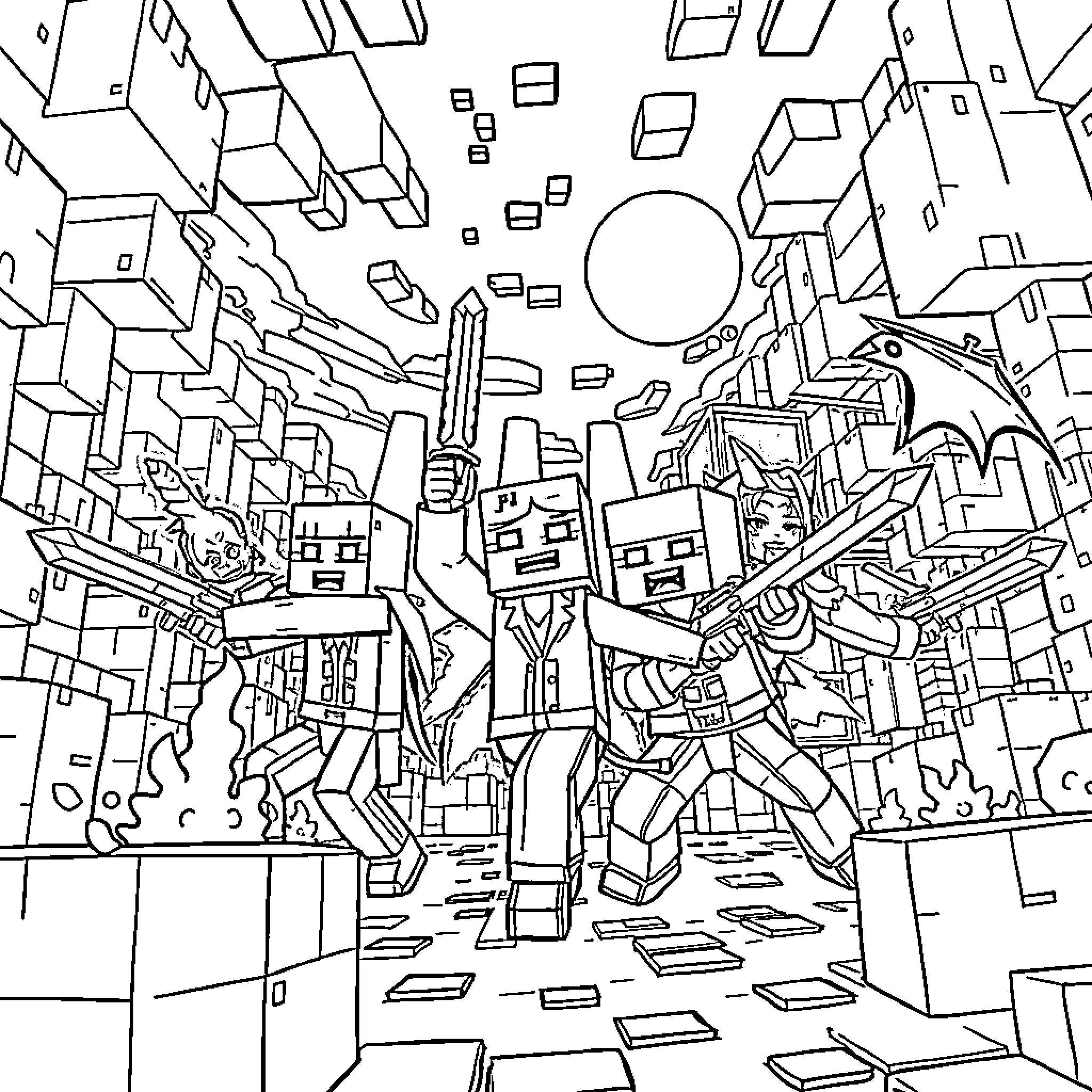 Demon Hunter Battles Otherworldly Threats in Surreal City Coloring Page (free black-and-white line drawing printable PDF for all, from beginners to advanced learners, including children, teens, adults, and seniors)