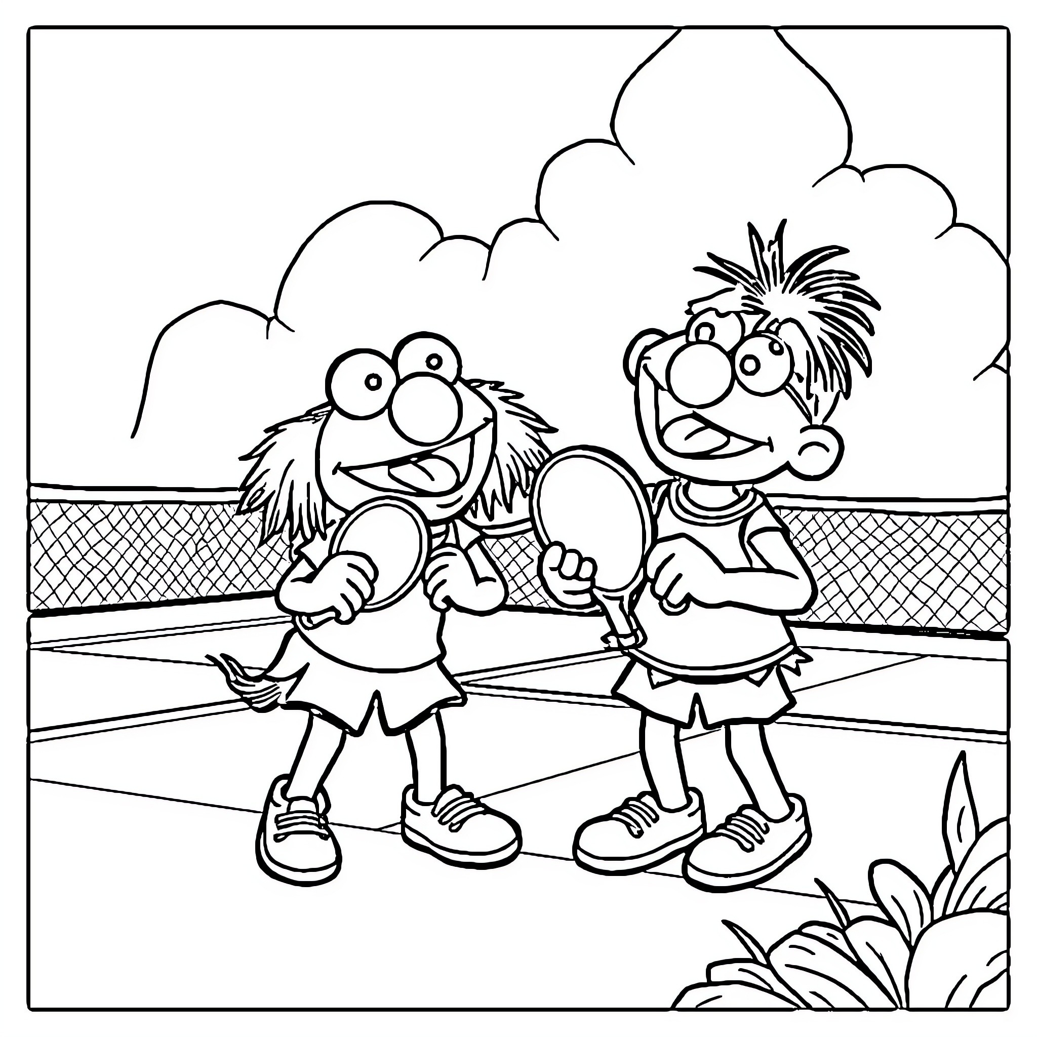 Muppet Babies Having Fun on the Playground Coloring Page (free black-and-white line drawing printable PDF for all, from beginners to advanced learners, including children, teens, adults, and seniors)