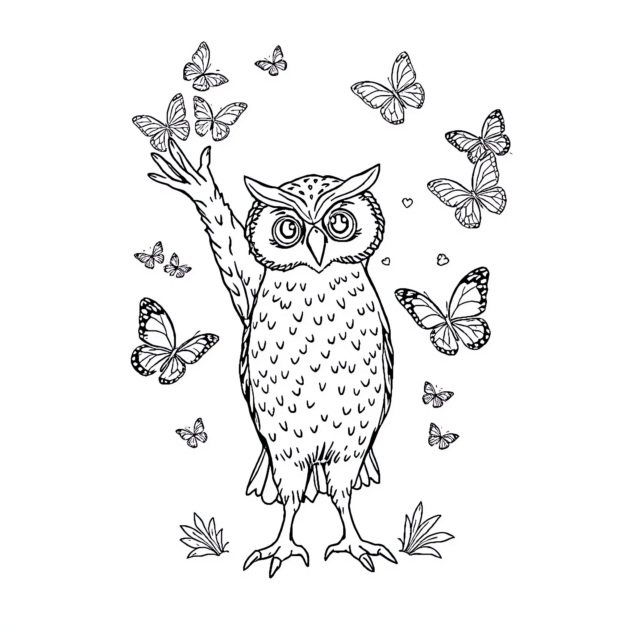Owl surrounded by playful butterflies Coloring Page (free black-and-white line drawing printable PDF for all, from beginners to advanced learners, including children, teens, adults, and seniors)