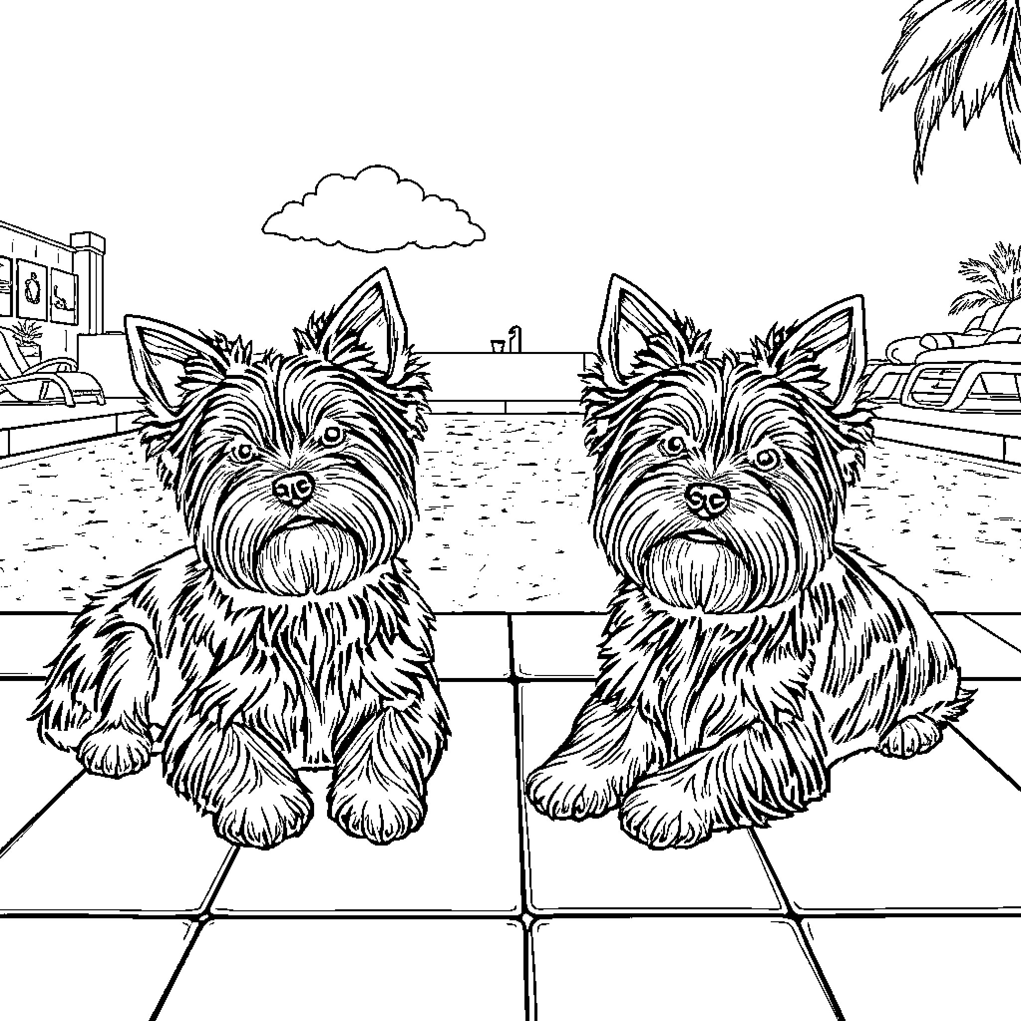 Yorkies posing playfully in the yard Coloring Page (free black-and-white line drawing printable PDF for all, from beginners to advanced learners, including children, teens, adults, and seniors)