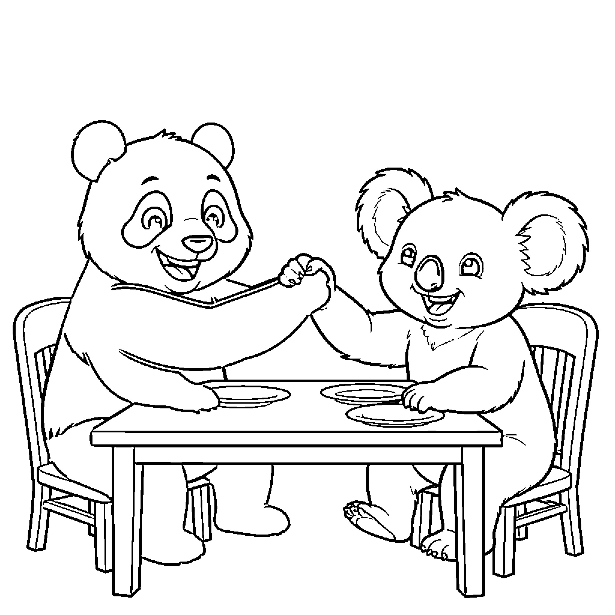Panda and koala sharing a meal and fist bumping Coloring Page (free black-and-white line drawing printable PDF for all, from beginners to advanced learners, including children, teens, adults, and seniors)