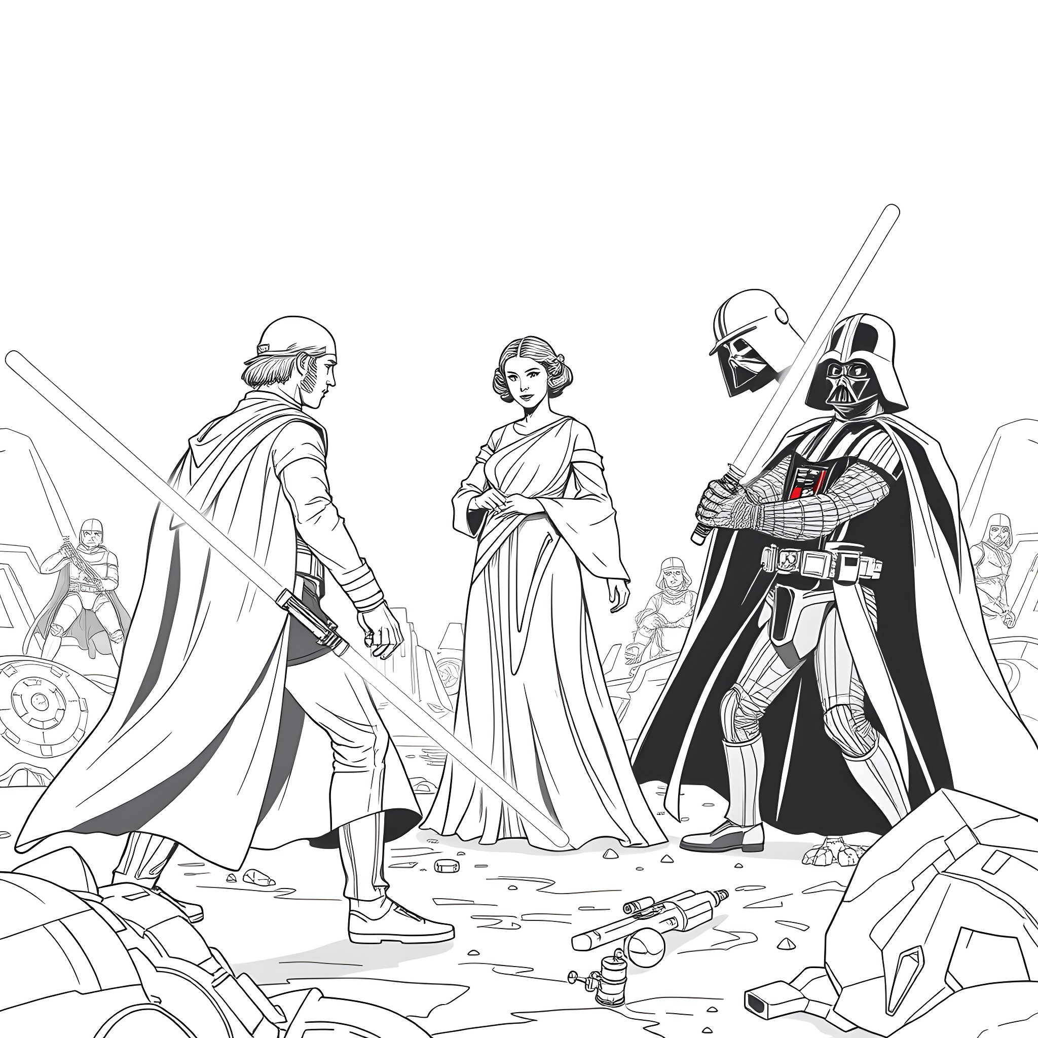 Princess in Galactic Battle with Heroic Allies Coloring Page (free black-and-white line drawing printable PDF for all, from beginners to advanced learners, including children, teens, adults, and seniors)