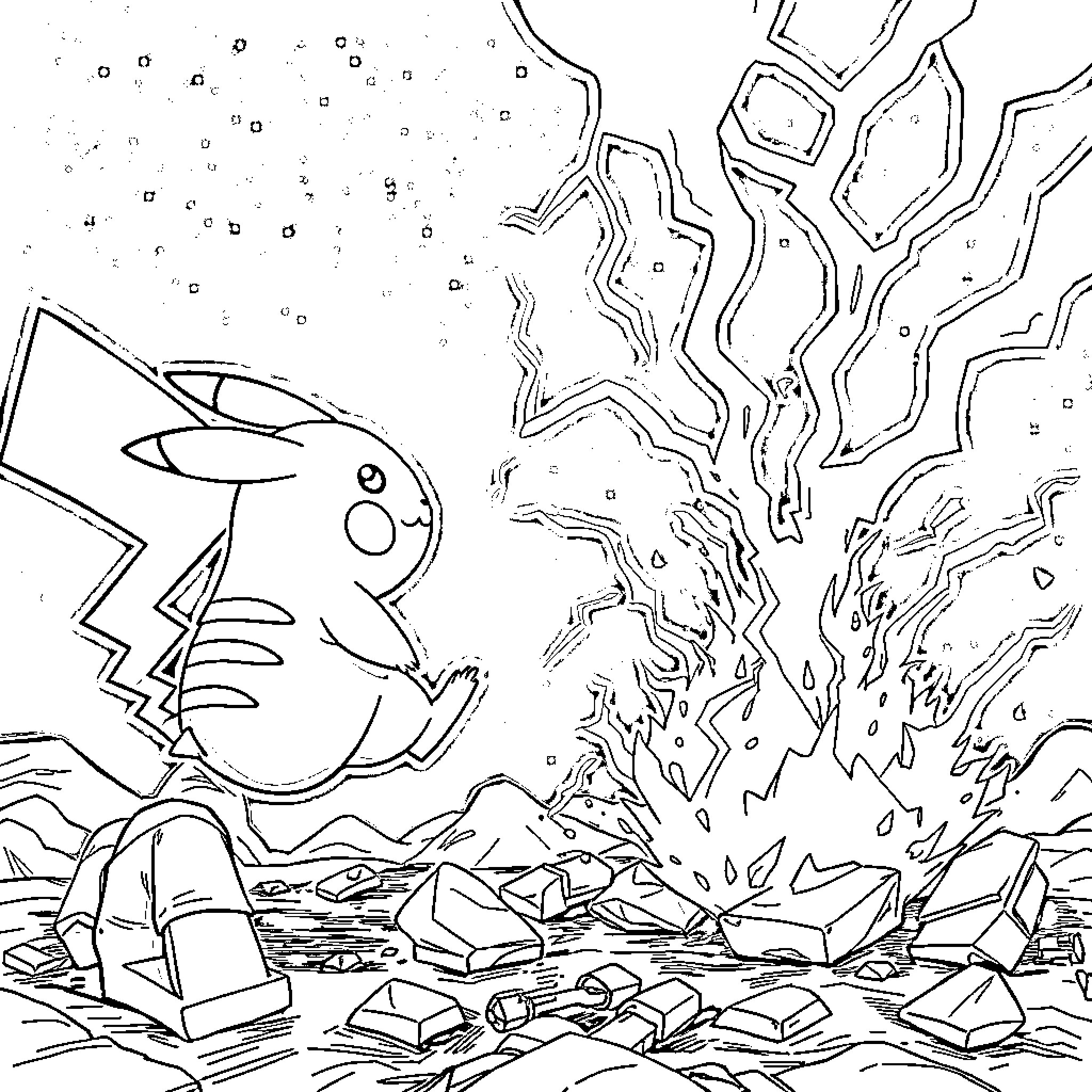 Pikachu exploring the mysterious landscape Coloring Page (free black-and-white line drawing printable PDF for all, from beginners to advanced learners, including children, teens, adults, and seniors)